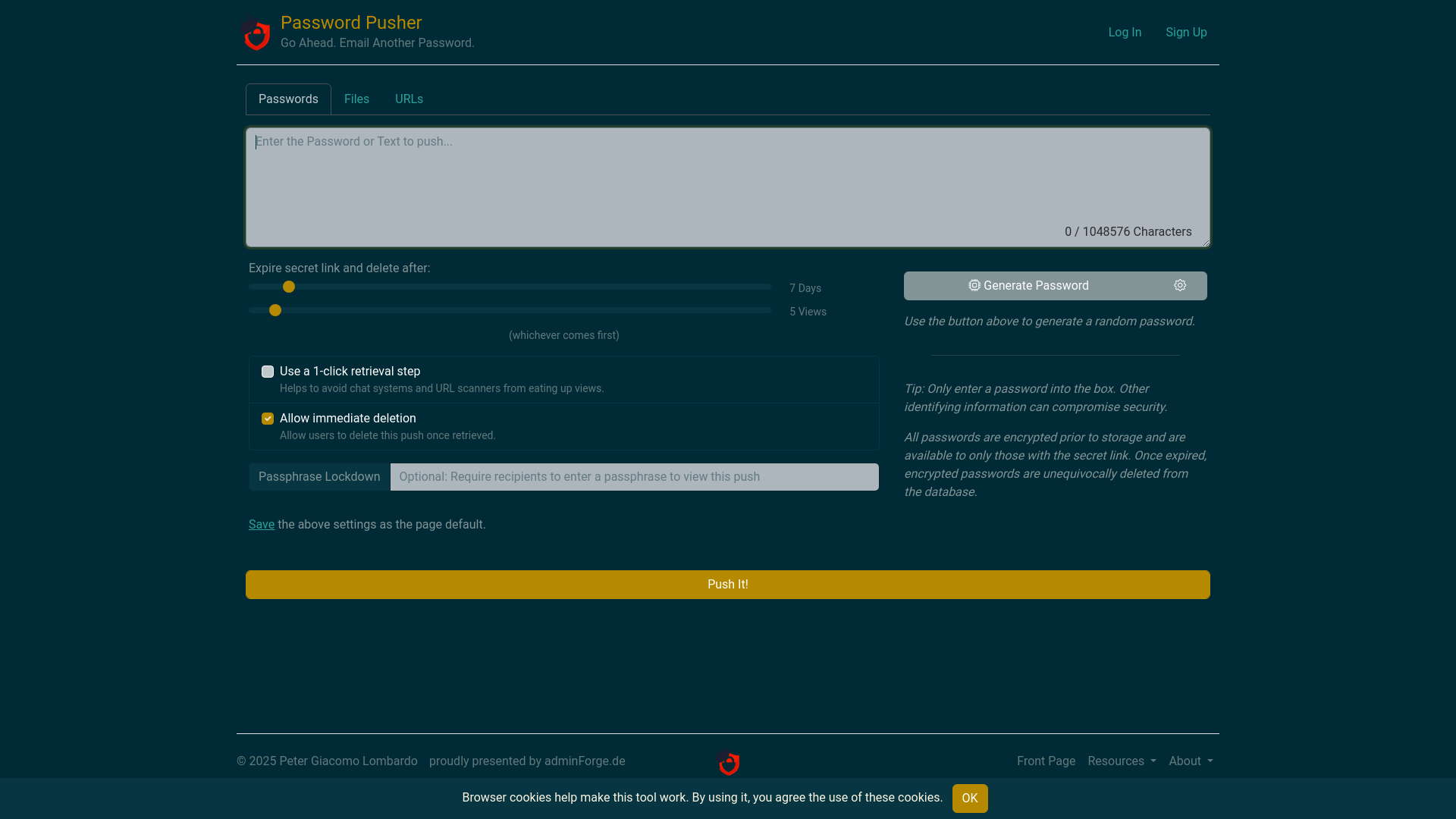website screenshot of https://pwpush.adminforge.de/