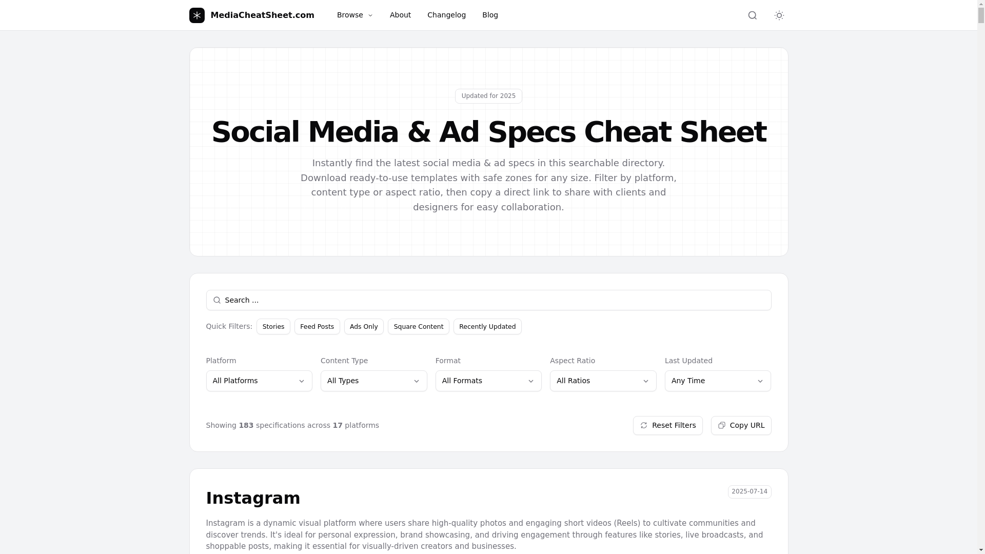 website screenshot of https://mediacheatsheet-com.pages.dev/