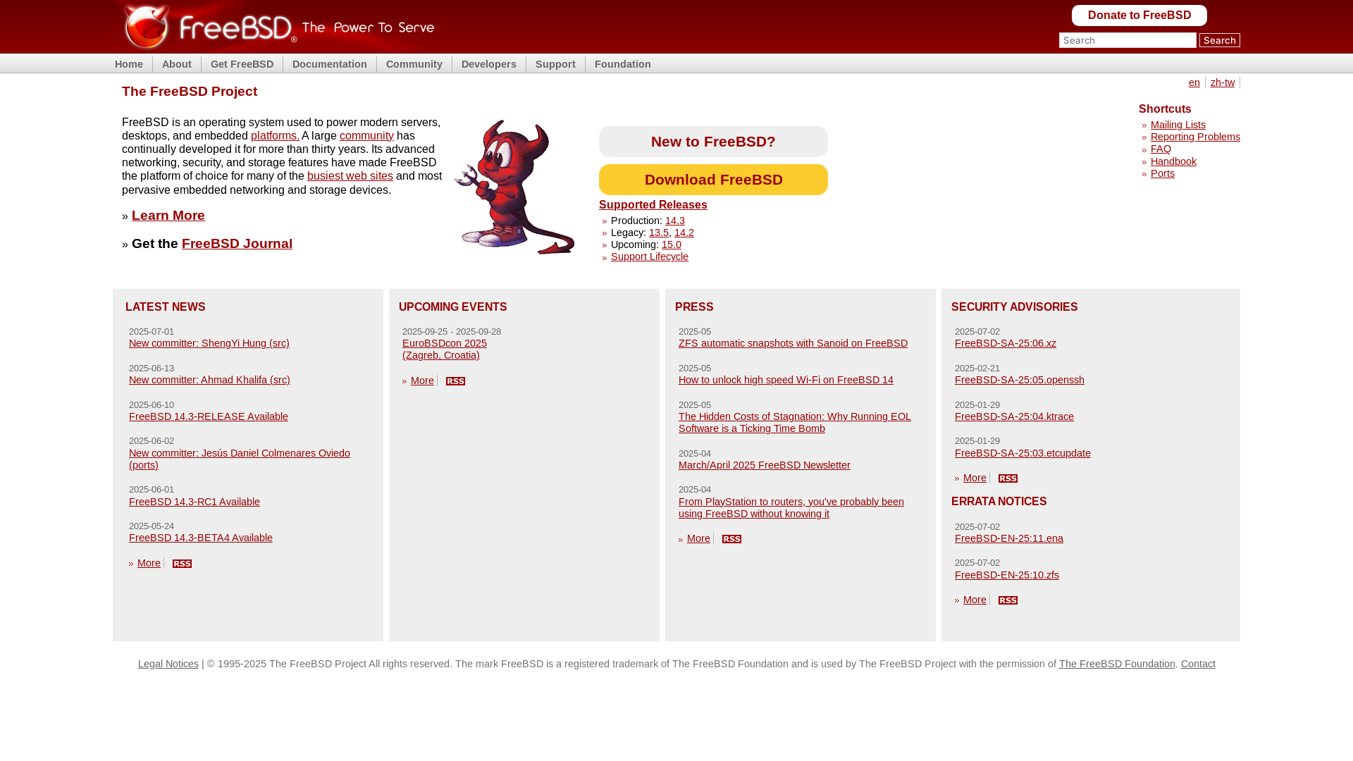 website screenshot of https://freebsd.org