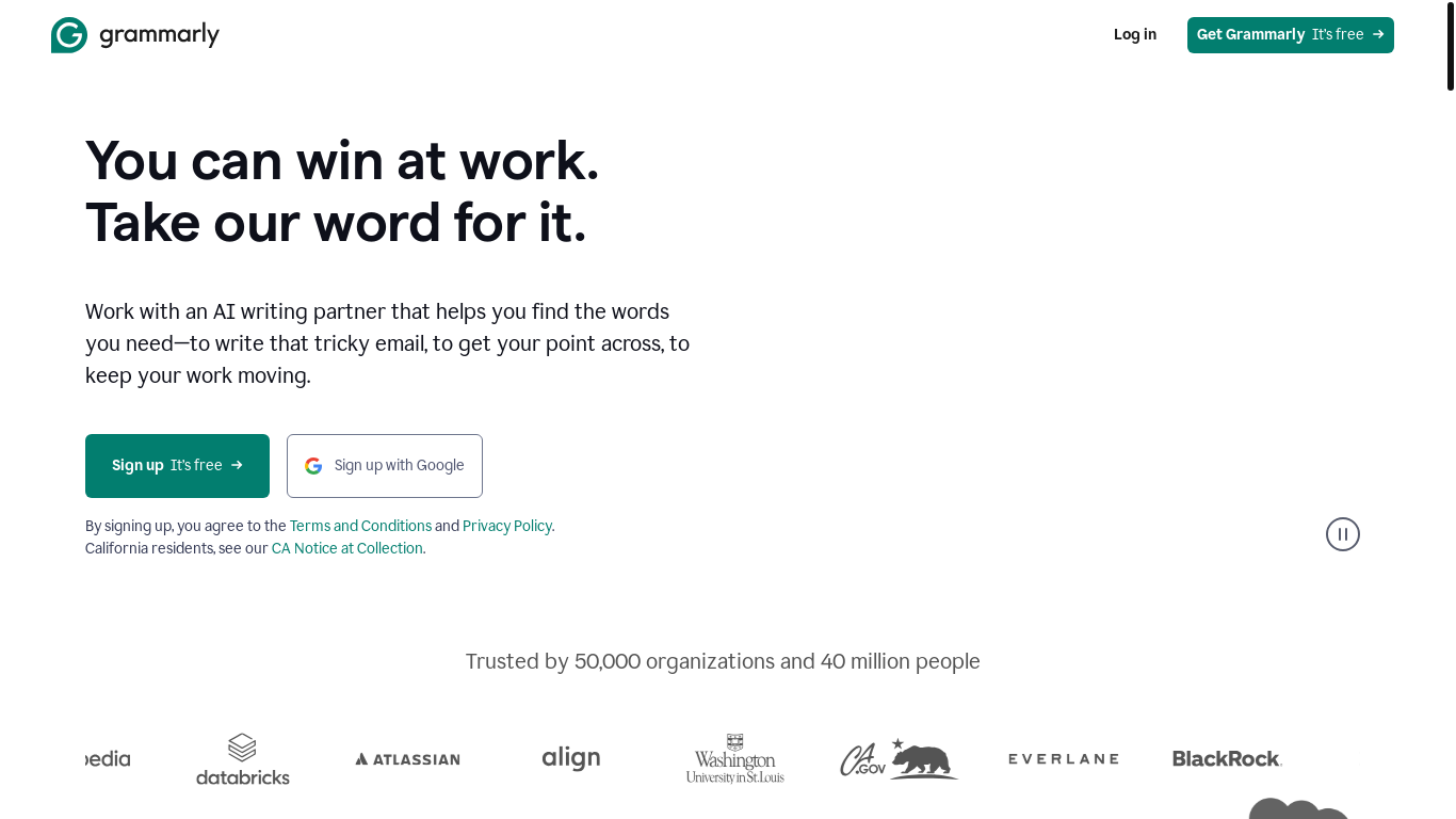 website screenshot of https://www.googleadservices.com/pagead/aclk?sa=L&ai=CCr-ljVAFaJdAqOuR1Q-9gdTBDYuO8ap-69bM-4EUwMWt7pAYEAEgu8fXkQFg-YKAgJgQoAH_24rIA8gBCagDAcgDywSqBOcBT9DgFvq15bcBSK5xsoA_TDhjjnrQWkBO7lZJRyHgBCjgaFfQTKKbhEmgGymXXejSt85b-1V6SLYsvNA51O6eJxh_0TY5yX8zbY87wk8iQyDsKm7d-ln9waayvAbBGXWK7c3_AowE3w84gMOTR0k5ZKY3wqjUumC9oUucE5v1dQHrtjs7v0HY7tbCOIenVxMhKKz1wMYknh4jVi1R5Ai9PhBpXHl4T7JZaQfhT1VPfprSwXo1D_Yvqow399A23LRXjf2Xs5qBZH8Jrs4BB-WVJAHUfWYYXt8-S2rrnLp48pIeN6aCYUljwAStxNyx-gSIBfzqpddRoAYugAfm27GiBagH1ckbqAfZtrECqAemvhuoB8zOsQKoB_PRG6gHltgbqAeqm7ECqAfgvbECqAeOzhuoB5PYG6gH8OAbqAfulrECqAf-nrECqAevvrECqAeaBqgHmMWxAqgH_56xAqgH35-xAqgH-MKxAqgH-8KxAtgHANIIJwiAYRABGB8yAooCOgyAQIDAgICAgKiAAiBIvf3BOlj4ne7CseeMA5oJG2h0dHBzOi8vd3d3LmdyYW1tYXJseS5jb20vYbEJAgI7VThepsaACgHICwHgCwGADAGqDQJJTMgNAeoNEwiQ8a3DseeMAxWodaQEHb0ANdi4E-QD2BML0BUByhYCCgD4FgGAFwGyFwQYASoAuhcCOAGyGAUYLiIBAdAYAegYAQ&gclid=EAIaIQobChMI17ruwrHnjAMVqHWkBB29ADXYEAEYASAAEgIWZ_D_BwE&num=1&cid=CAQSPADZpuyzJ7hi7LOE1ovdDQml_e_jkFLiEcCHUbhzqvAUnT4Aw63YmhCnWTChEyA77411F6I8BLATdO9PcRgB&sig=AOD64_3R4H3EOcEL9nKNmBKkOgwsF9bXew&client=ca-pub-1063828642699879&rf=1&nb=8&adurl=https://ad.doubleclick.net/searchads/link/click%3Flid%3D58700008812390291%26ds_a_cid%3D1523427800%26ds_a_caid%3D21922397495%26ds_a_agid%3D%26ds_a_fiid%3D%26ds_a_lid%3D%26ds_a_extid%3D%26%26ds_e_adid%3D%26ds_e_matchtype%3D%26ds_e_device%3Dc%26ds_e_network%3Dx%26%26ds_url_v%3D2%26ds_dest_url%3Dhttps://www.grammarly.com/a%3Futm_source%3Dpmax%26utm_medium%3Dcpc%26utm_campaign%3D21922397495%26utm_content%3Dc%26gclsrc%3Daw.ds%26gad_source%3D5