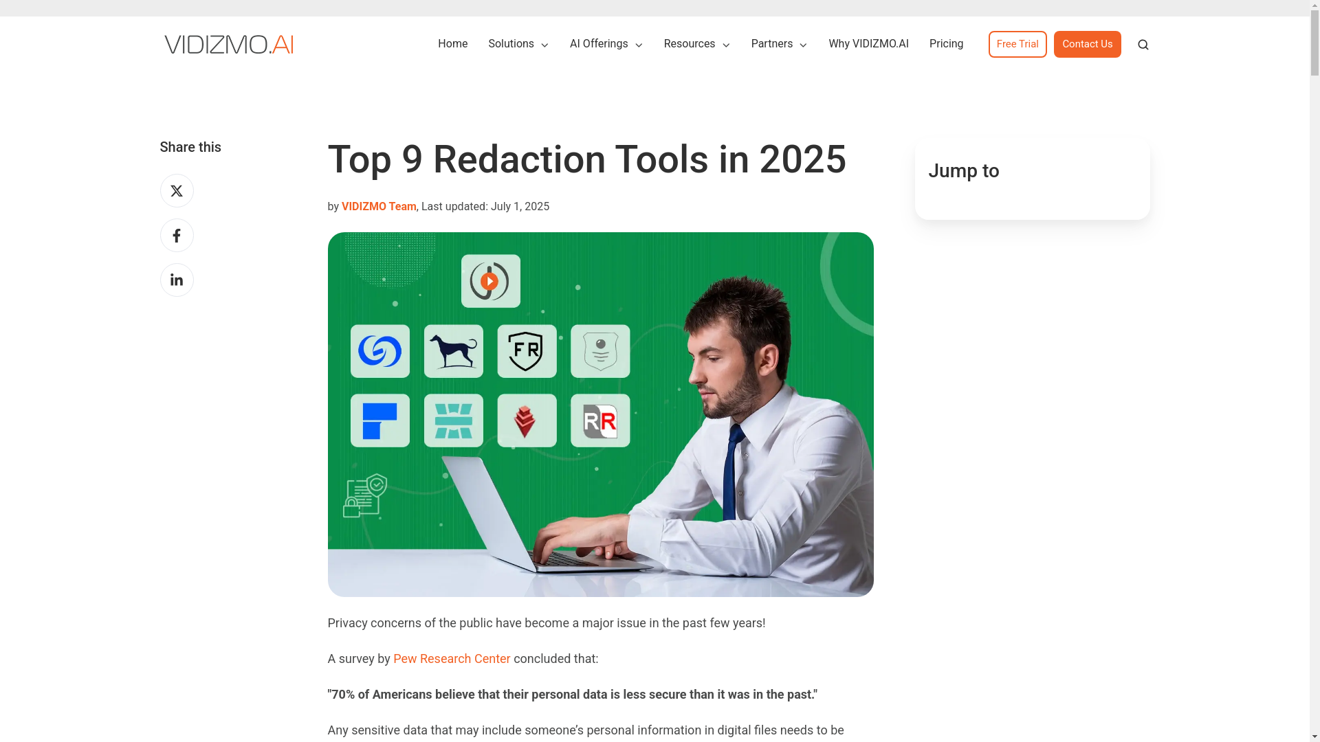 website screenshot of https://vidizmo.ai/blog/comparing-9-best-redaction-tools