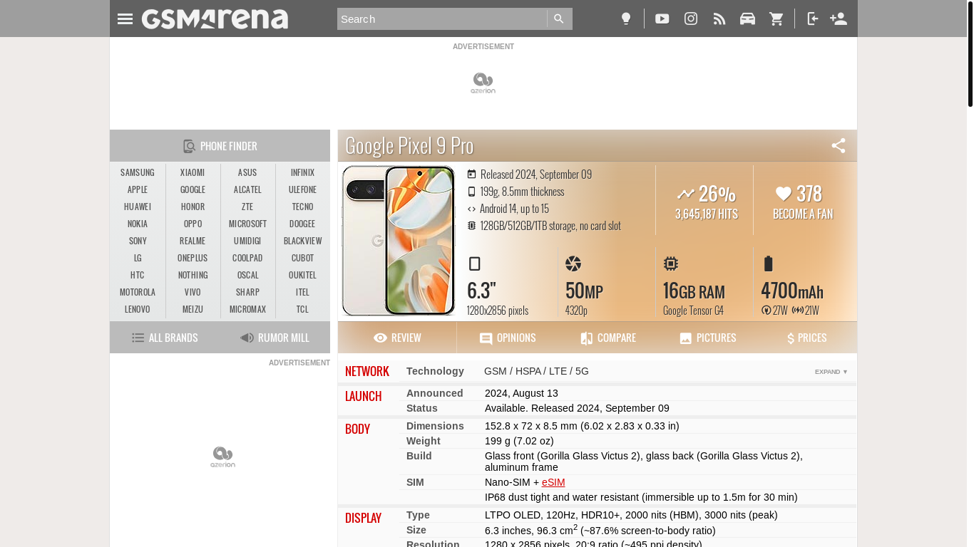 website screenshot of https://gsmarena.com/google_pixel_9_pro-13218.php