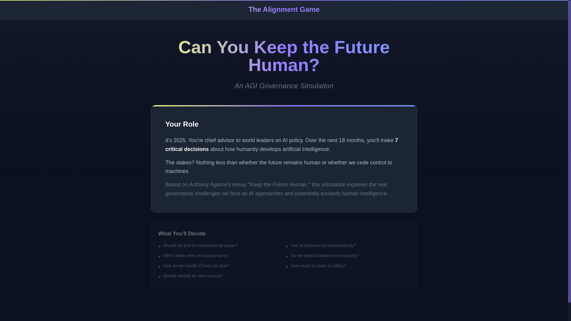 website screenshot of https://thealignmentgame.space/