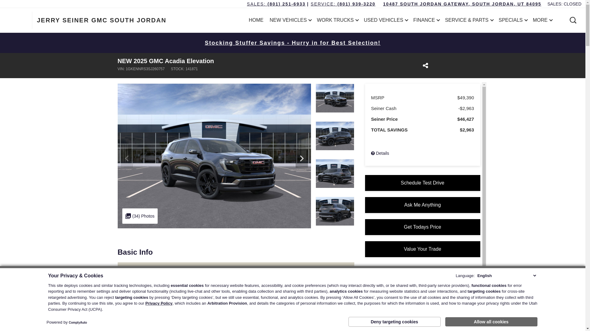 website screenshot of https://www.seinersouthjordan.com/inventory/1GKENNRS3SJ260757/