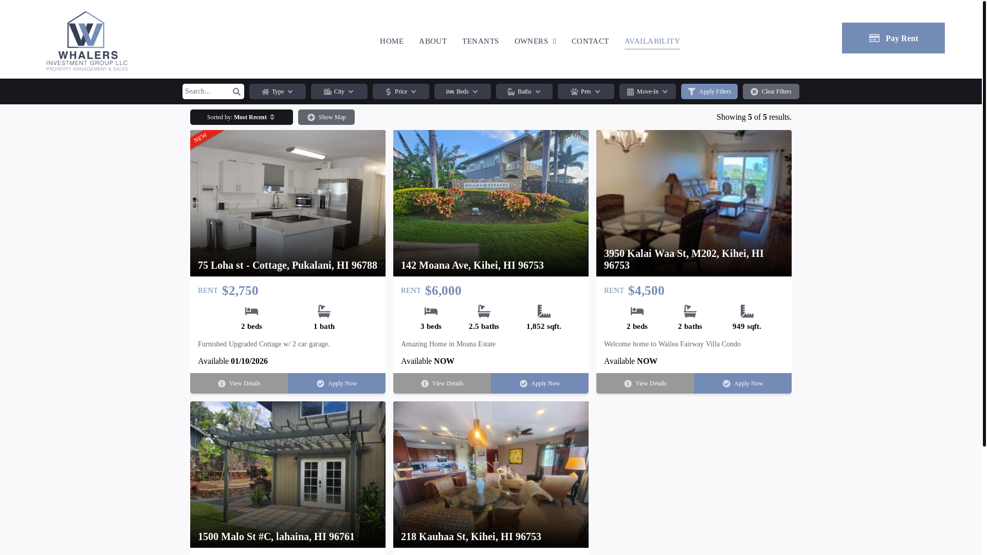 website screenshot of https://www.alohamauihomerentals.com/availability