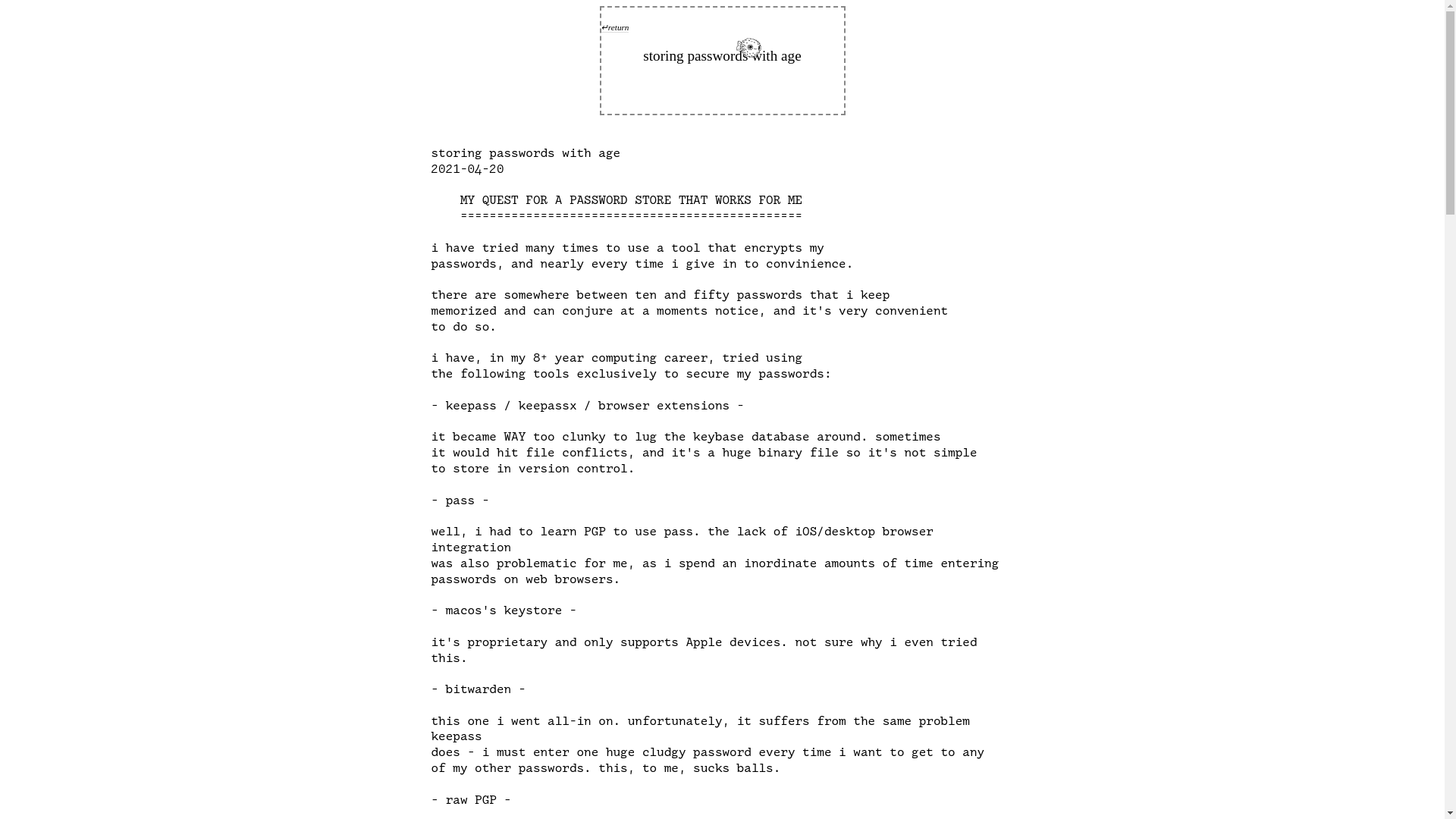 website screenshot of https://j3s.sh/thought/storing-passwords-with-age.html