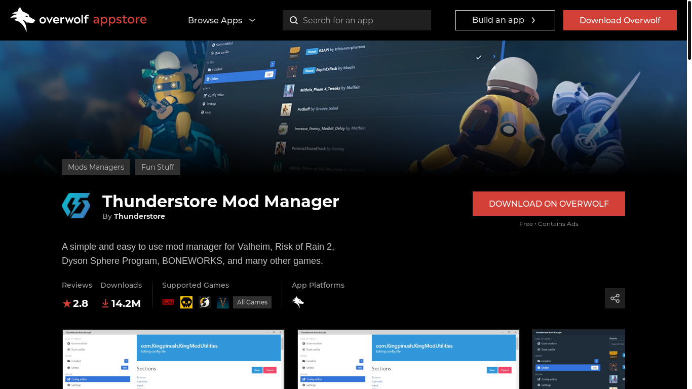 website screenshot of https://www.overwolf.com/app/thunderstore-thunderstore_mod_manager
