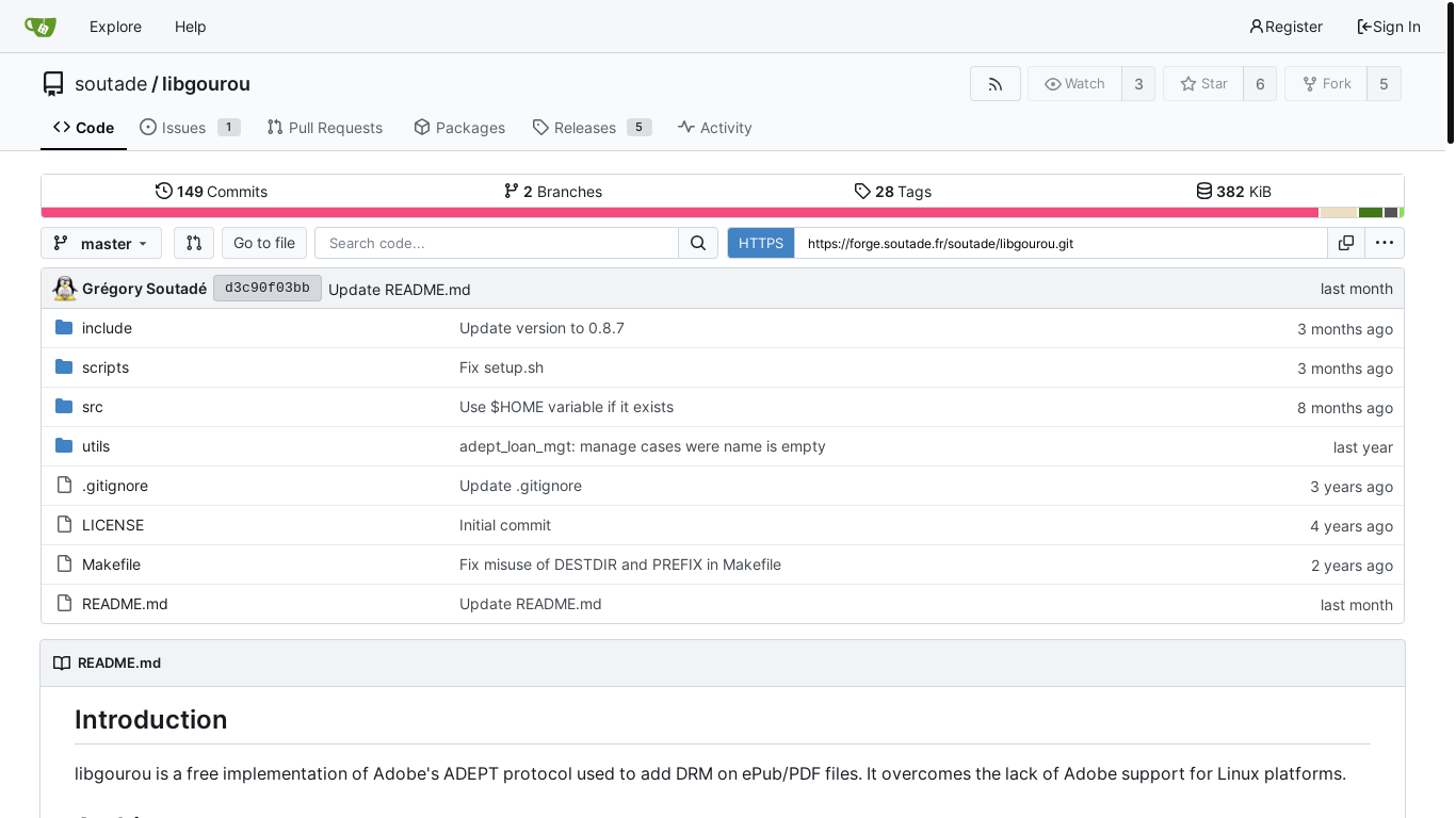 website screenshot of http://indefero.soutade.fr/p/libgourou/