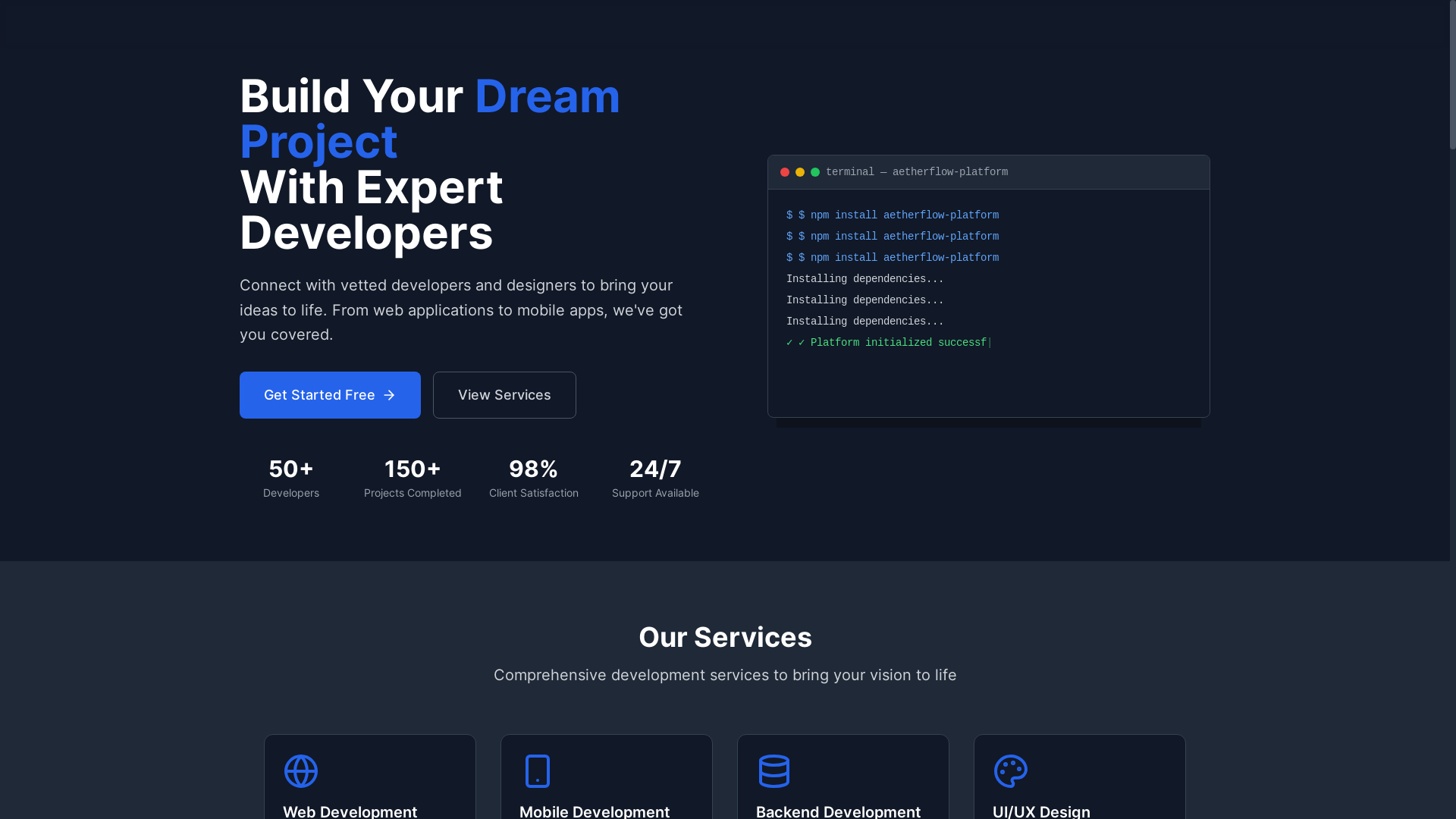 website screenshot of https://aetherflowsystems.com/