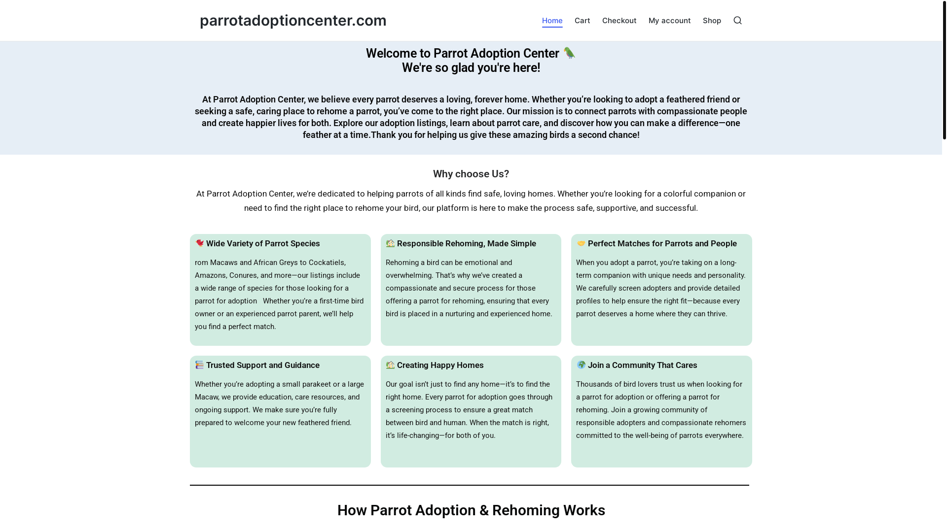 website screenshot of https://parrotadoptioncenter.com/