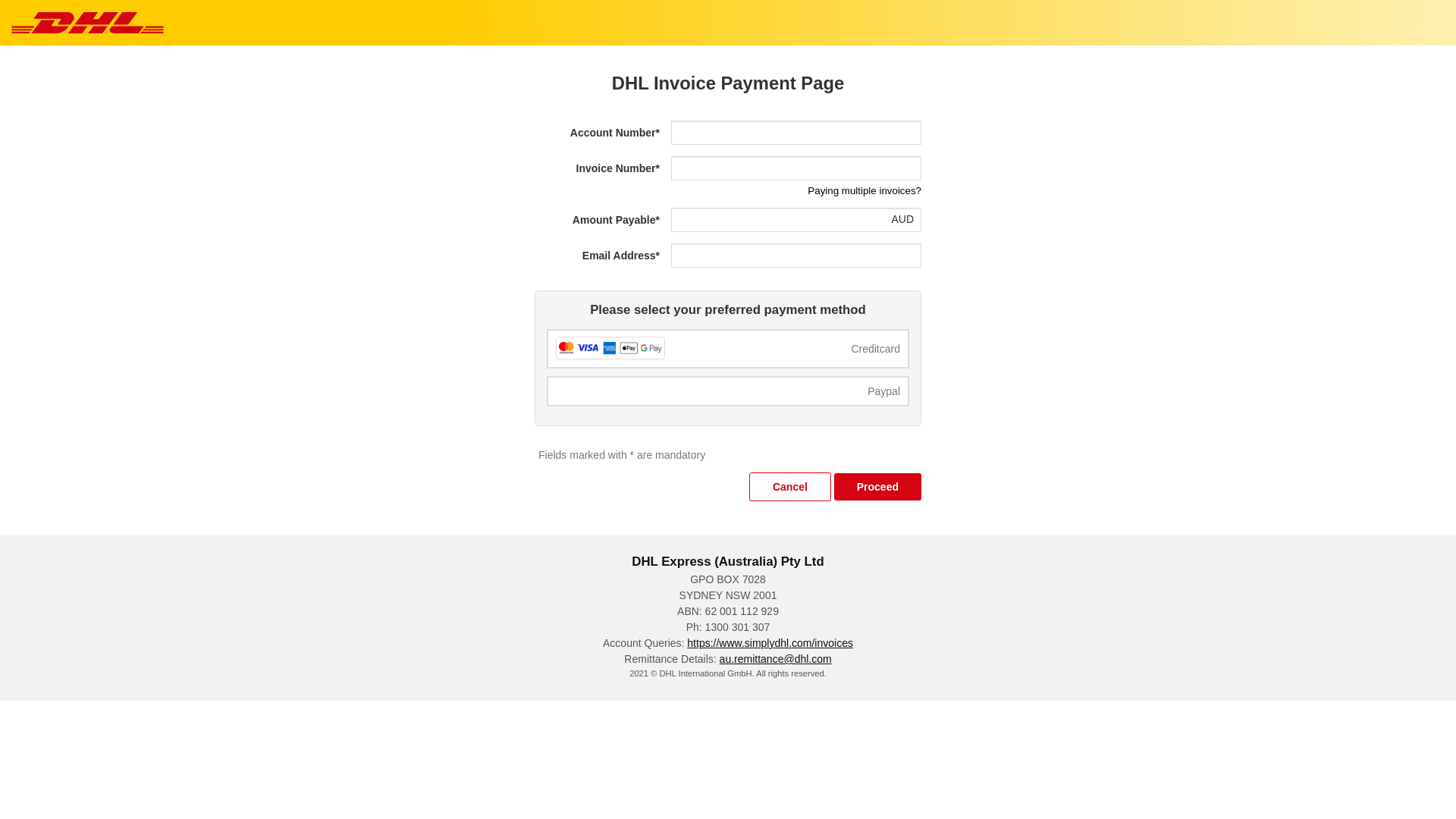 website screenshot of http://www.dhl.com.au/expresspayment