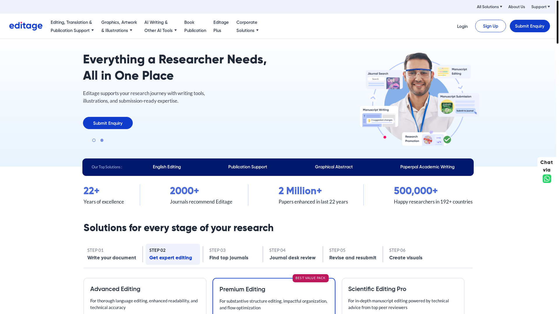 website screenshot of https://editage.com/