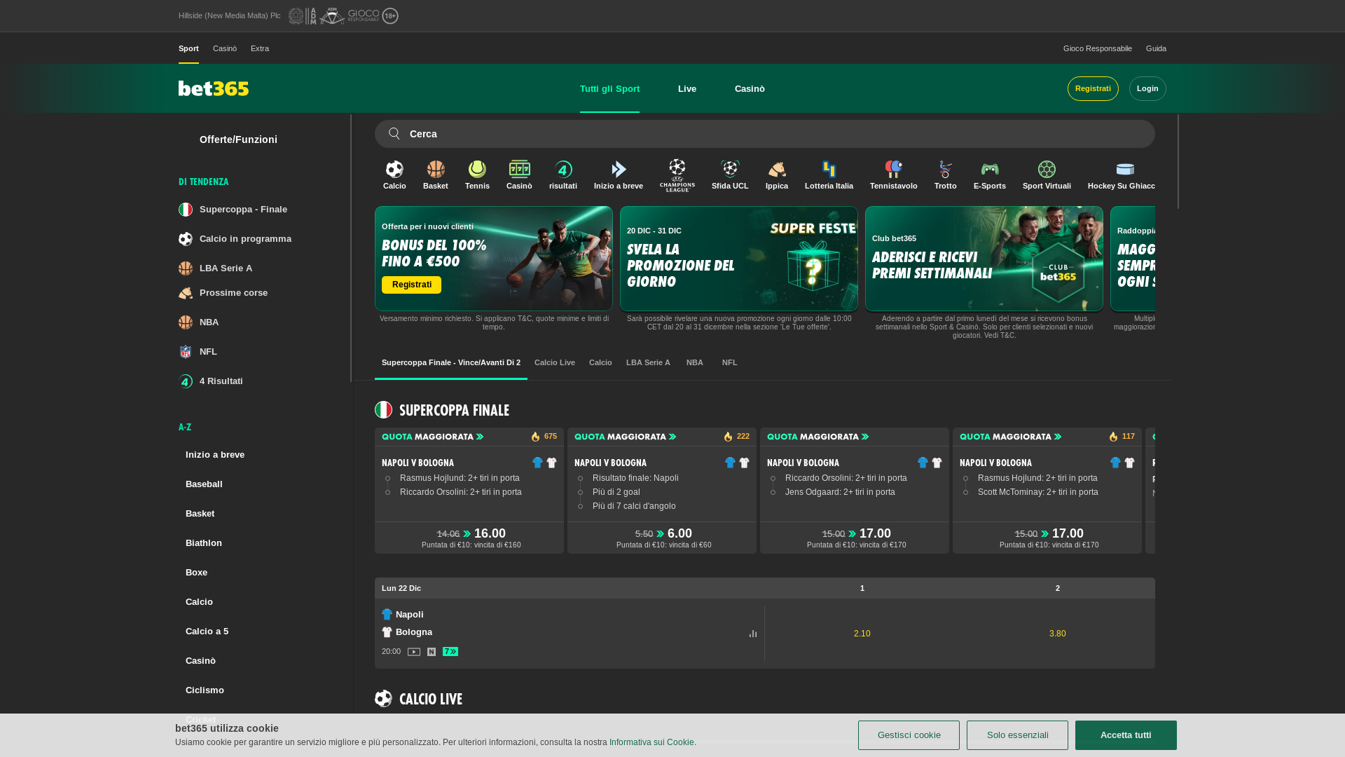 website screenshot of https://www.bet365.it/#/HO/