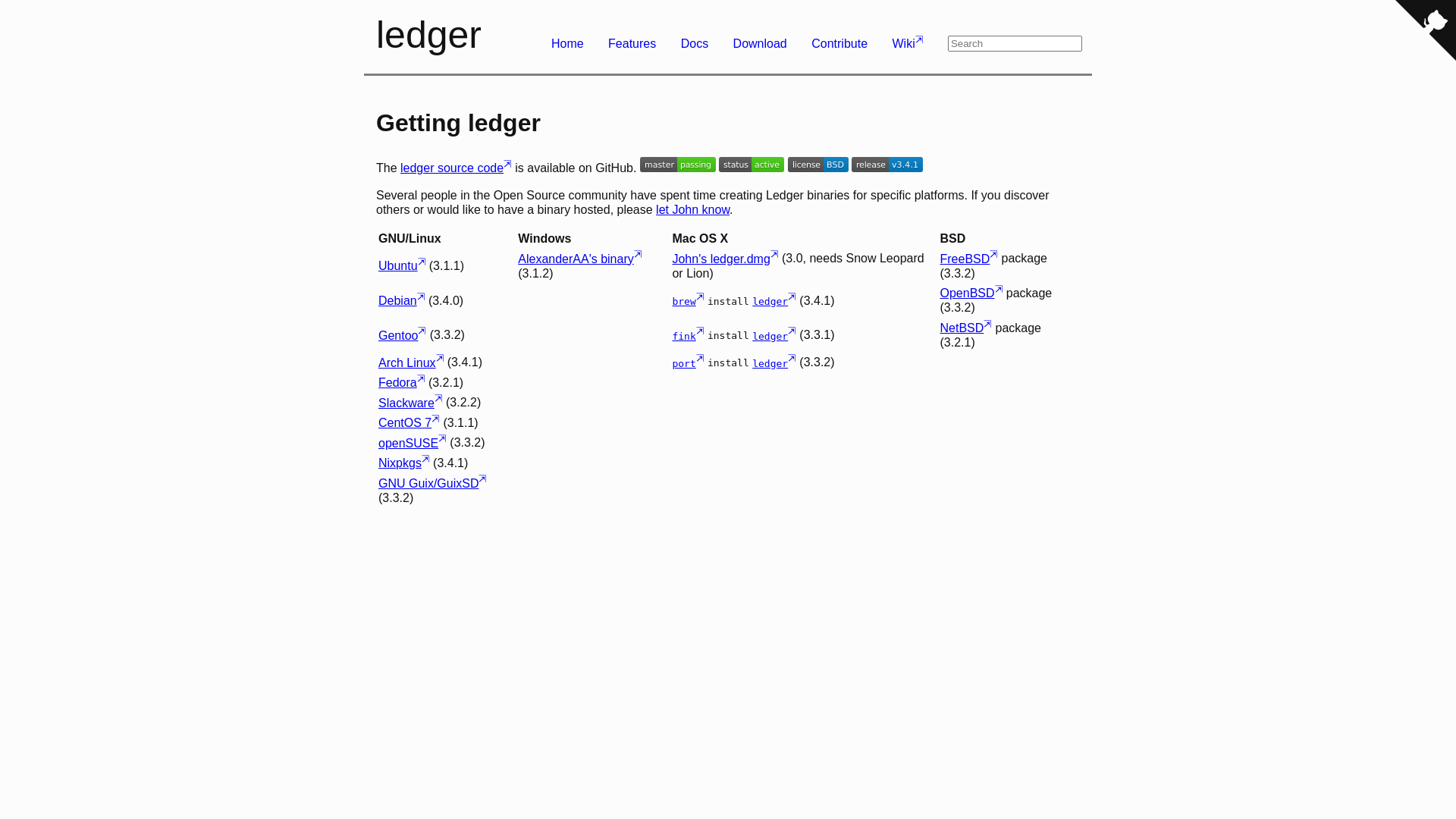 website screenshot of https://ledger-cli.org/download.html