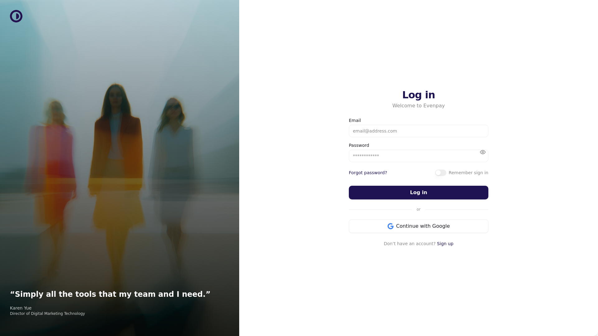 website screenshot of https://evenpay.app/