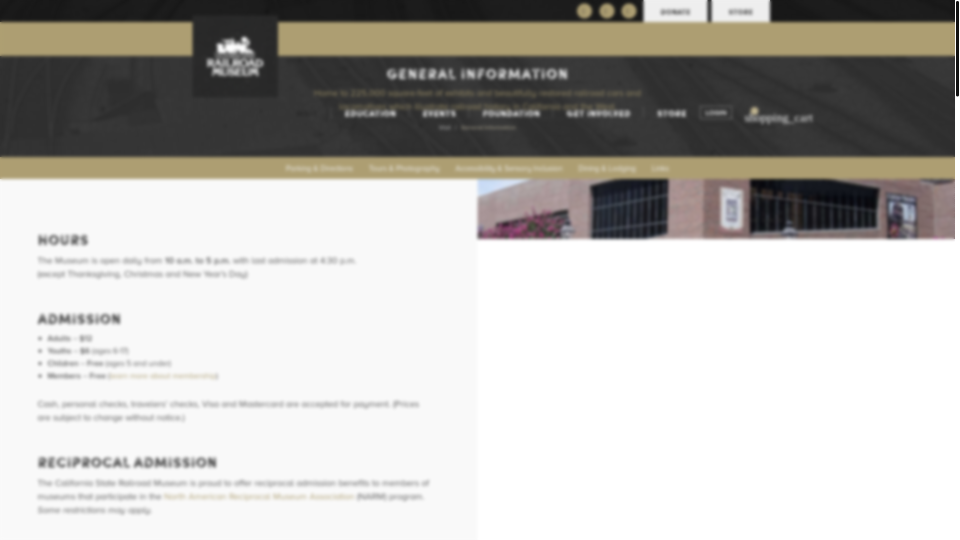 website screenshot of https://www.californiarailroad.museum/visit/general-information