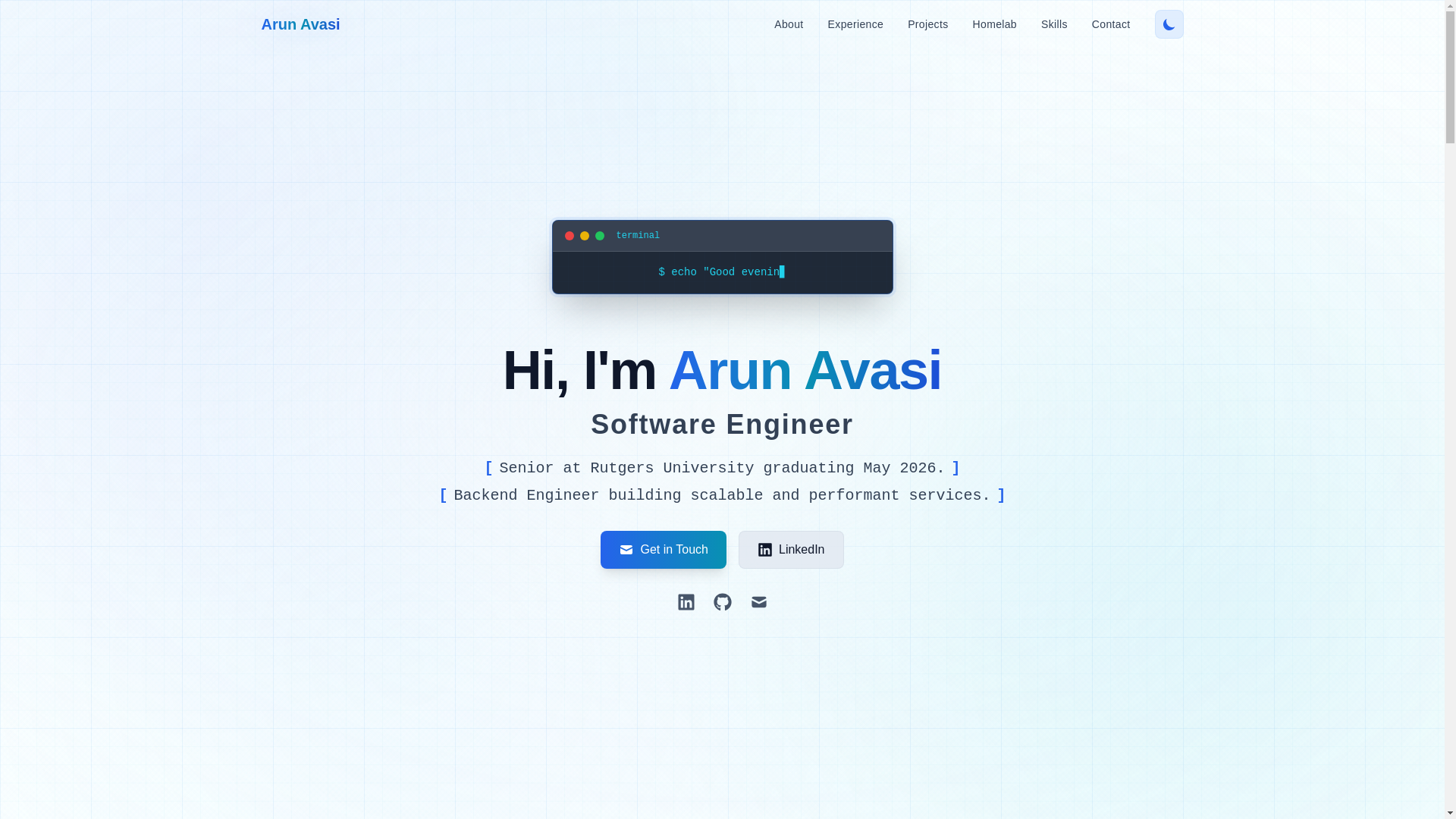website screenshot of https://arunavasi.dev/