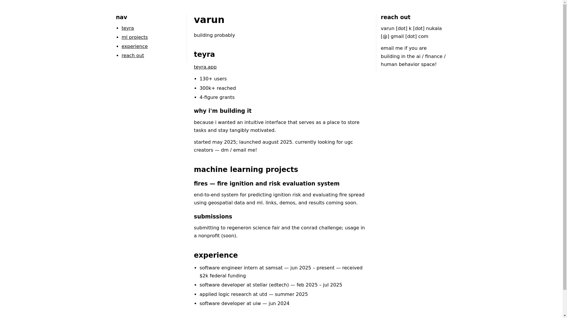 website screenshot of https://varunn.me/