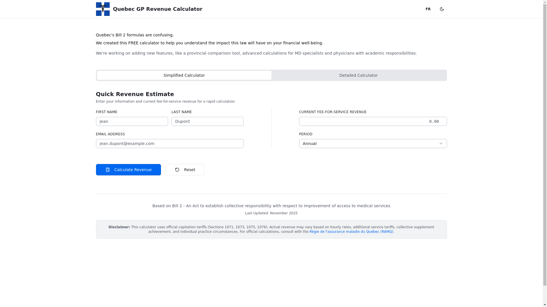 website screenshot of https://calculatricemdqc.ca/