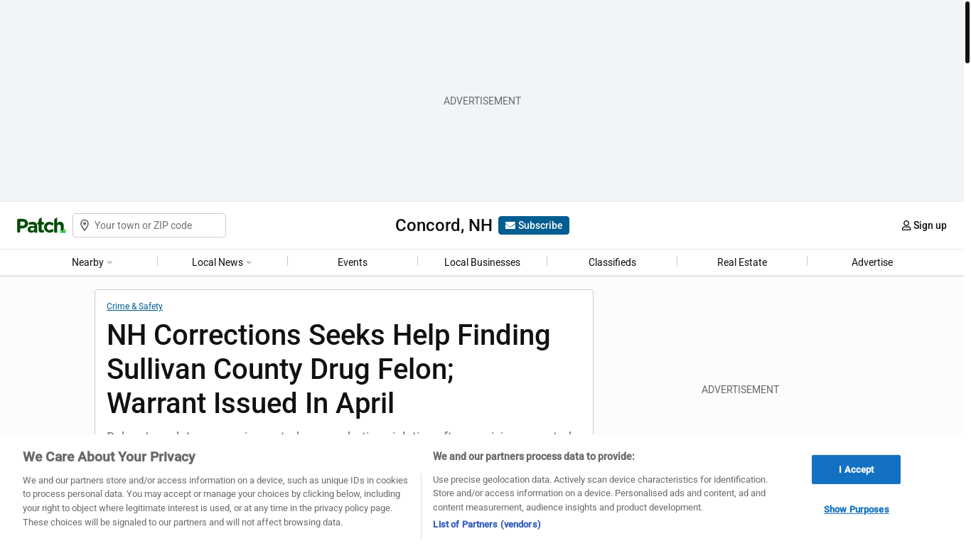 website screenshot of https://patch.com/new-hampshire/concord-nh/new-hampshire-corrections-seeks-help-finding-sullivan-county-drug-felon