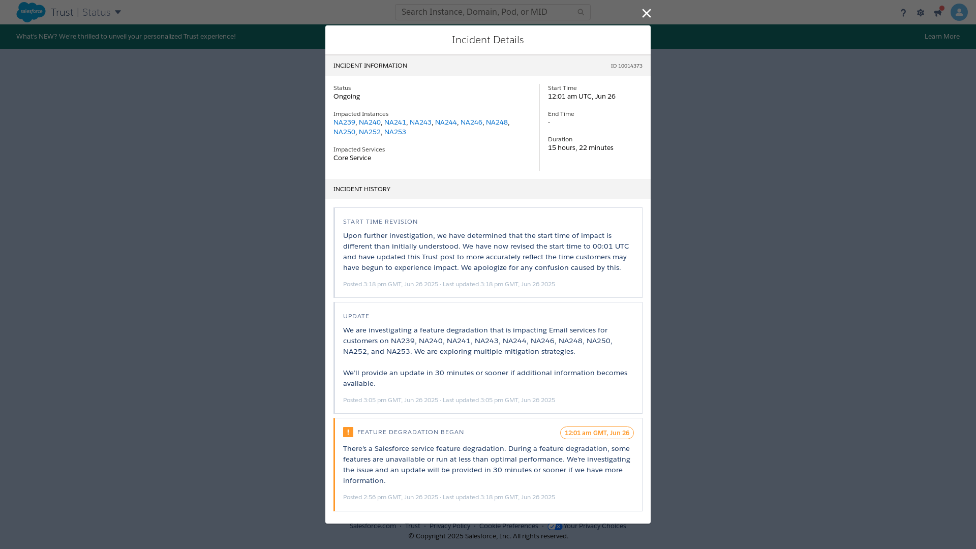 website screenshot of https://status.salesforce.com/status/incidents/10014373