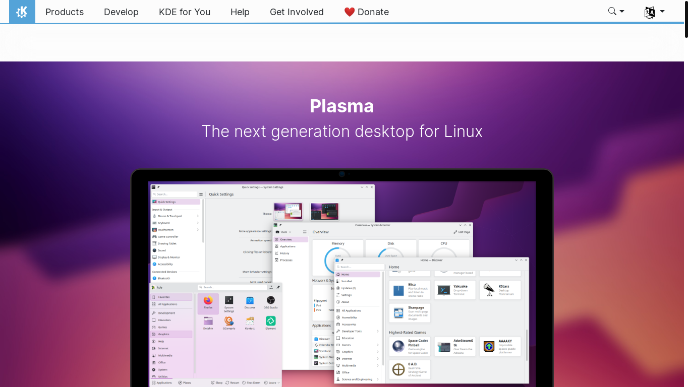 website screenshot of https://kde.org/