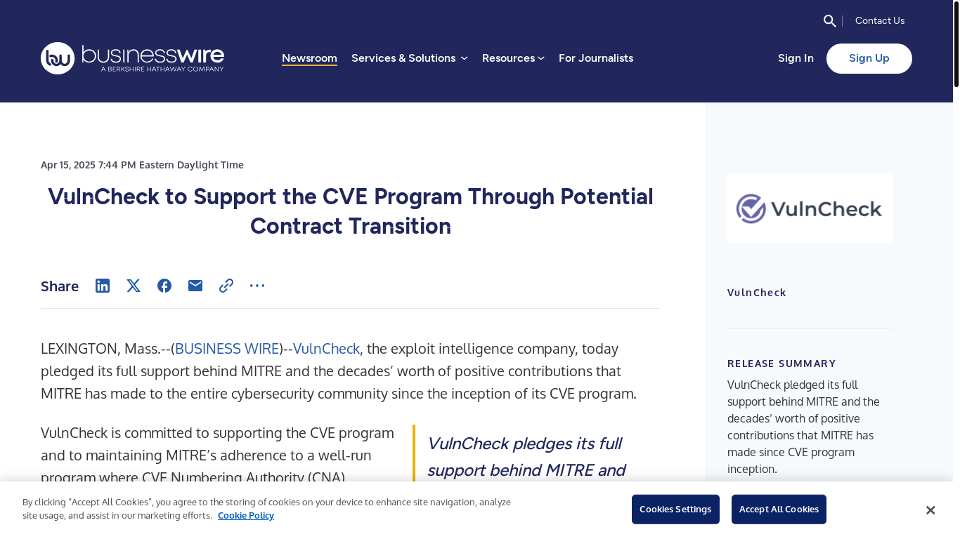 website screenshot of https://www.businesswire.com/news/home/20250415683944/en/VulnCheck-to-Support-the-CVE-Program-Through-Potential-Contract-Transition