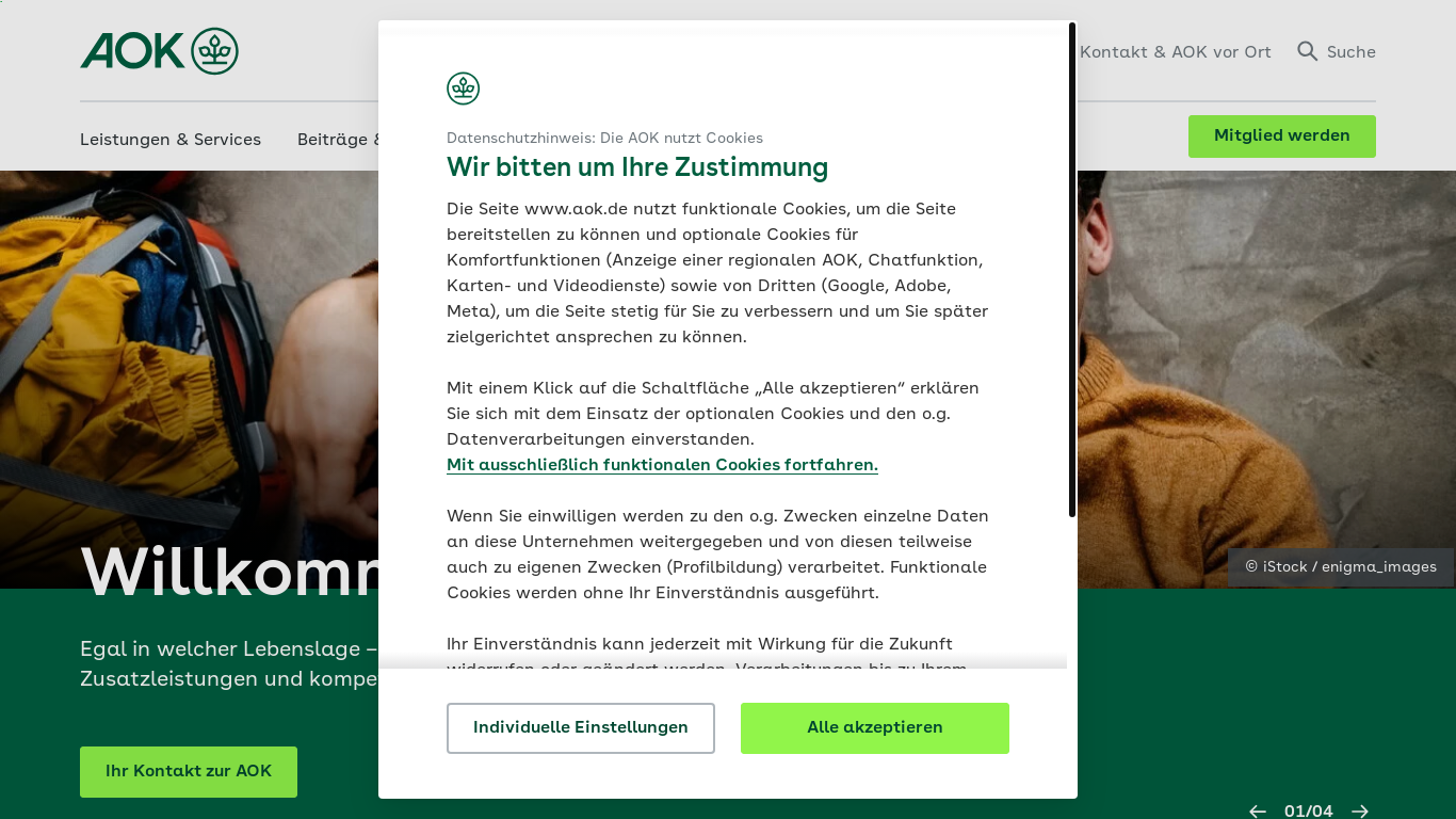 website screenshot of https://aok.de/