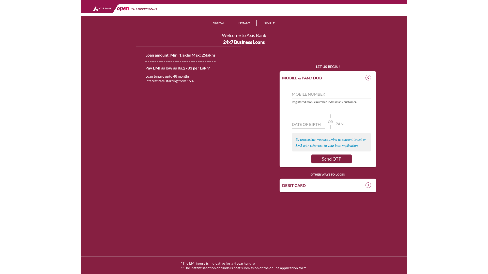 website screenshot of https://maximus.axis.bank.in/external/customer/login/?product=business