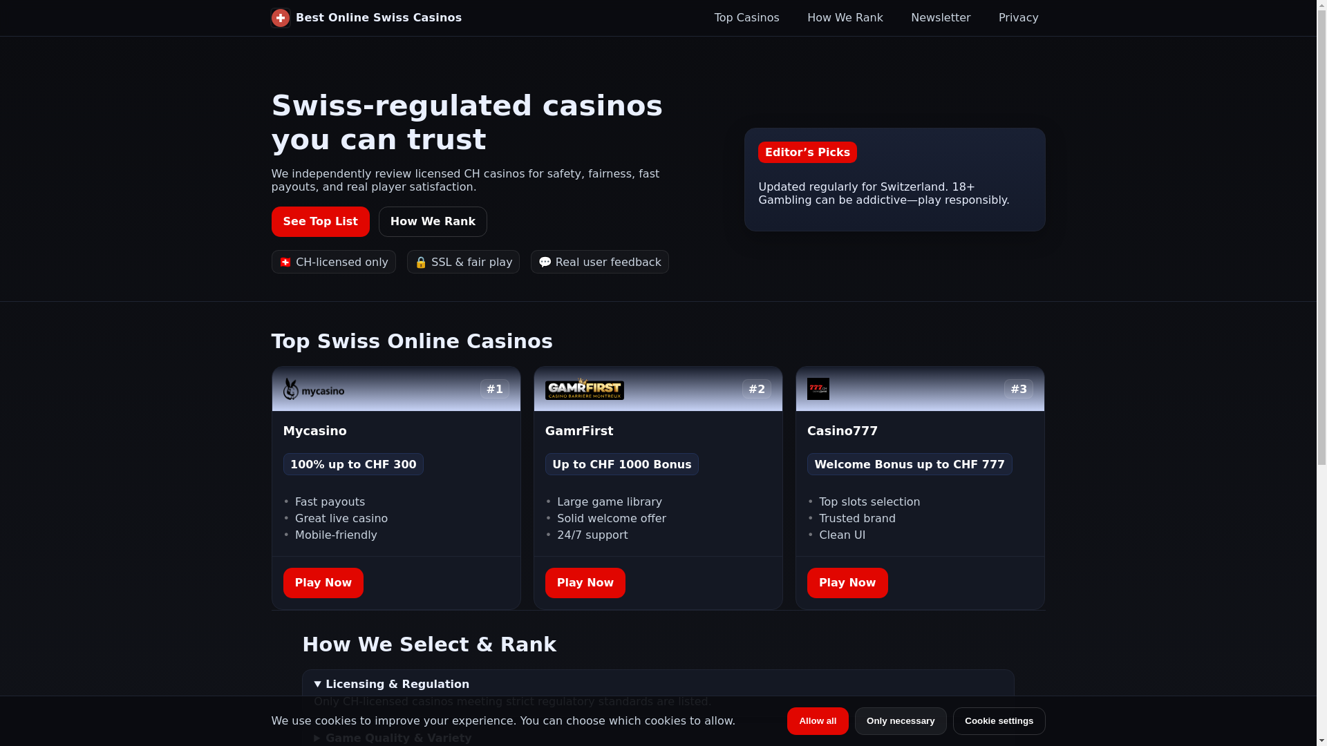 website screenshot of https://swissonlinecasinos.vip/