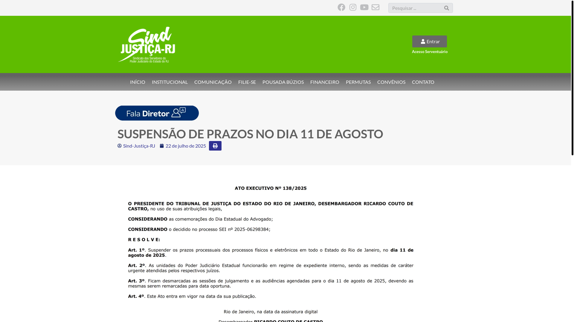 website screenshot of https://sindjustica.org.br/fala-diretor/suspensao-de-prazos-no-dia-11-de-agosto/