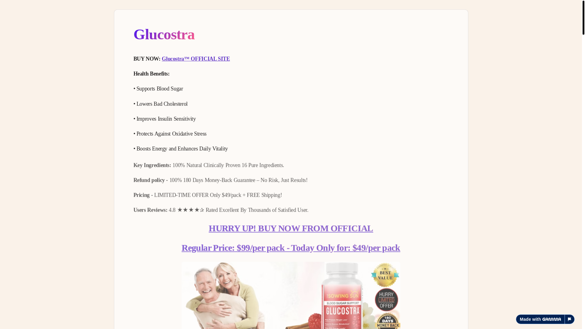 website screenshot of https://glucostra-aqbaz5o.gamma.site/glucostra-report