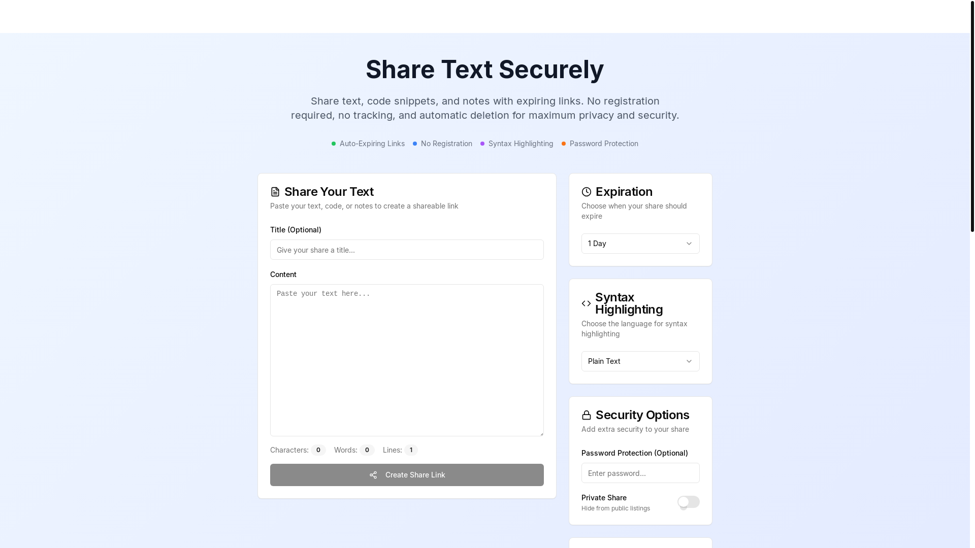 website screenshot of https://sharetext.dev/