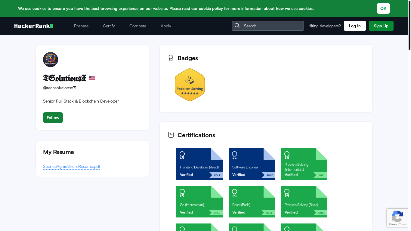 website screenshot of https://www.hackerrank.com/profile/techsolutionsx71