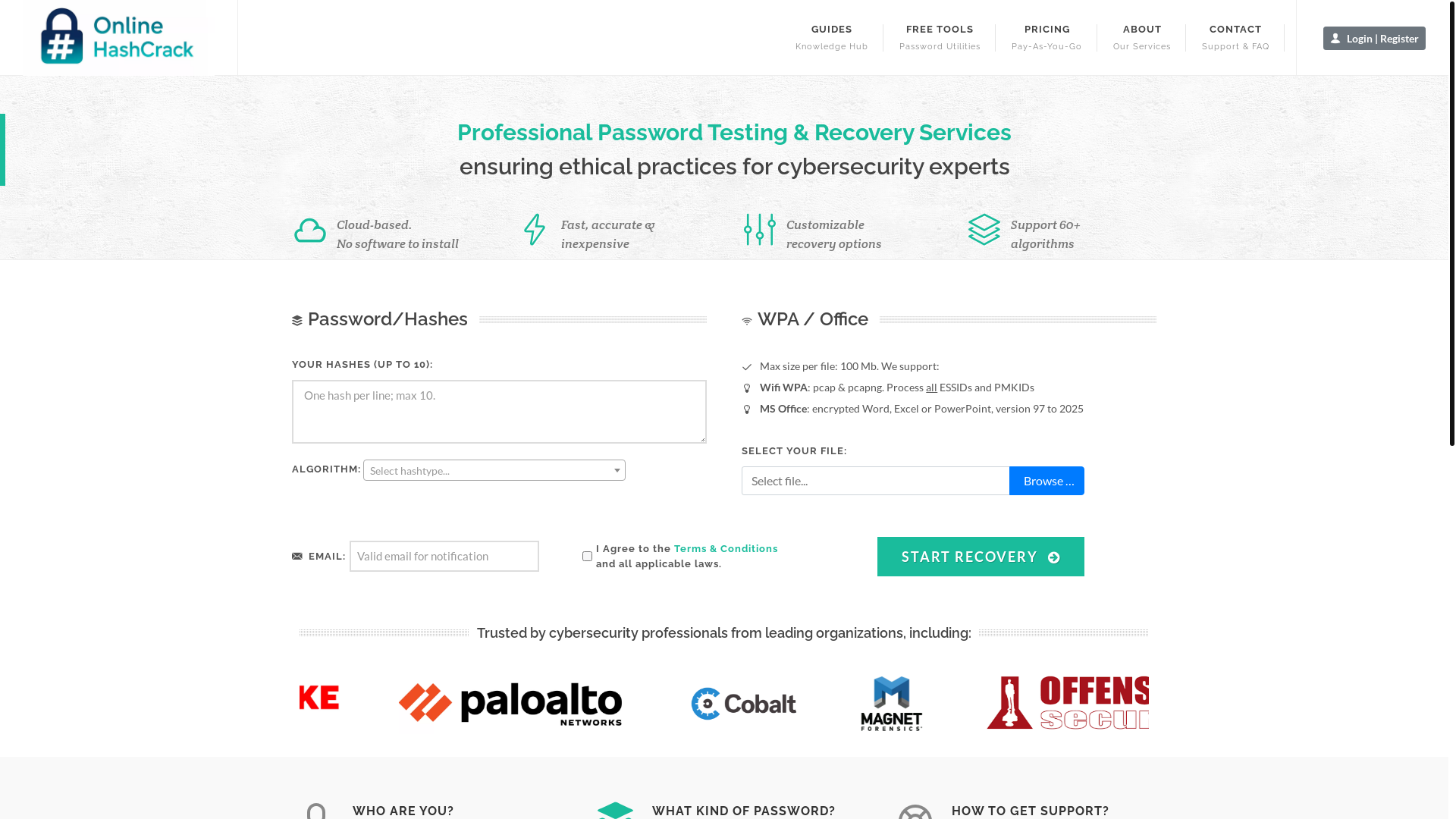 website screenshot of https://onlinehashcrack.com/
