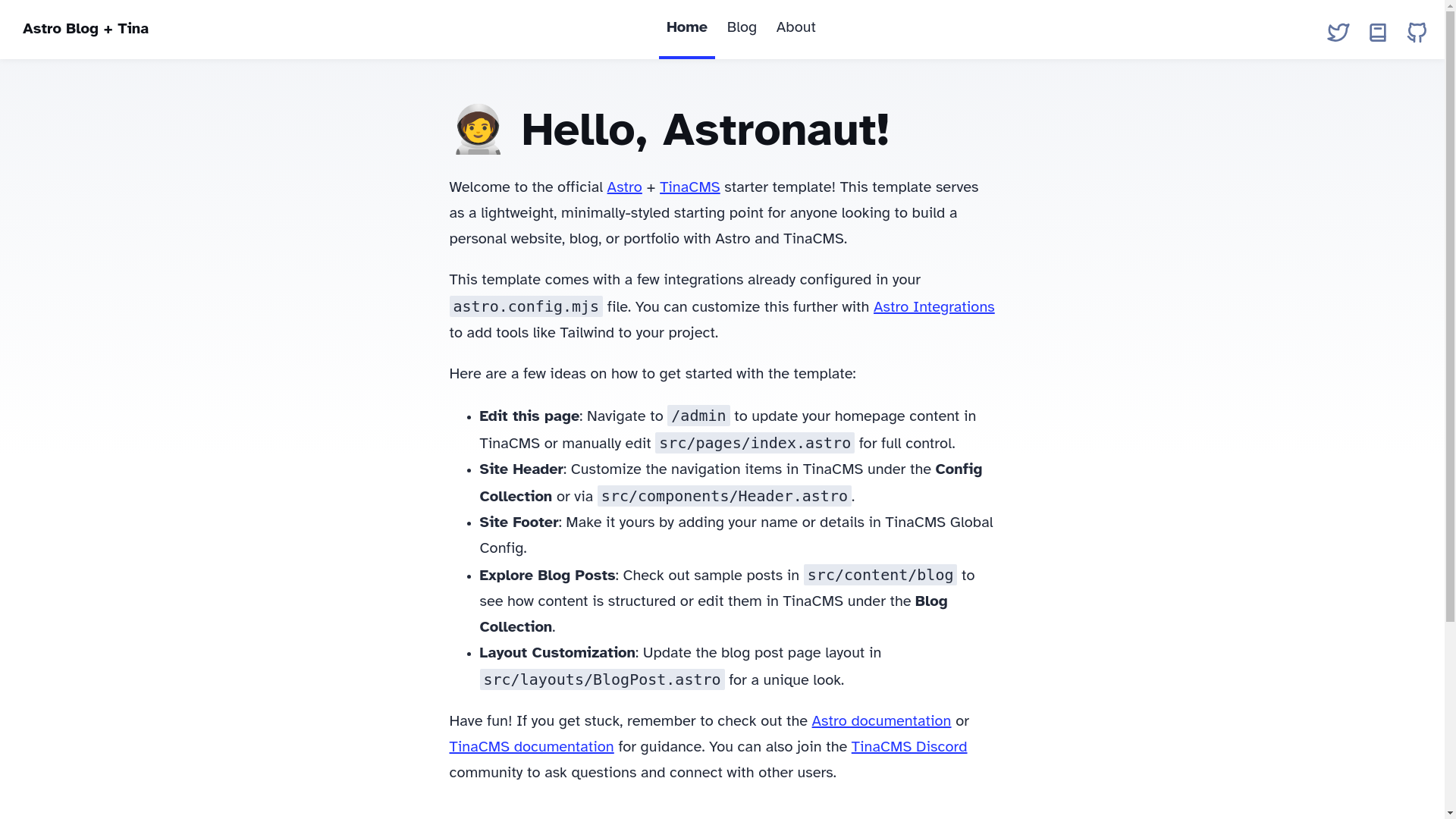website screenshot of https://astro-tina-starter-esm.pages.dev/