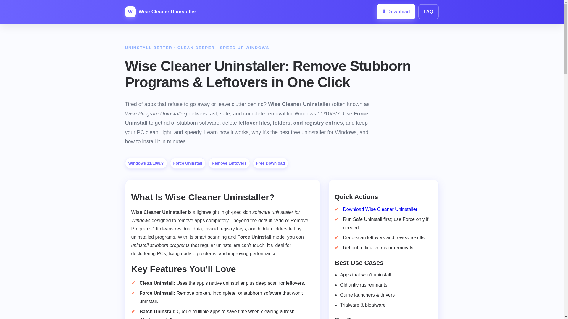 website screenshot of https://wise-cleaner-uninstaller.pages.dev/