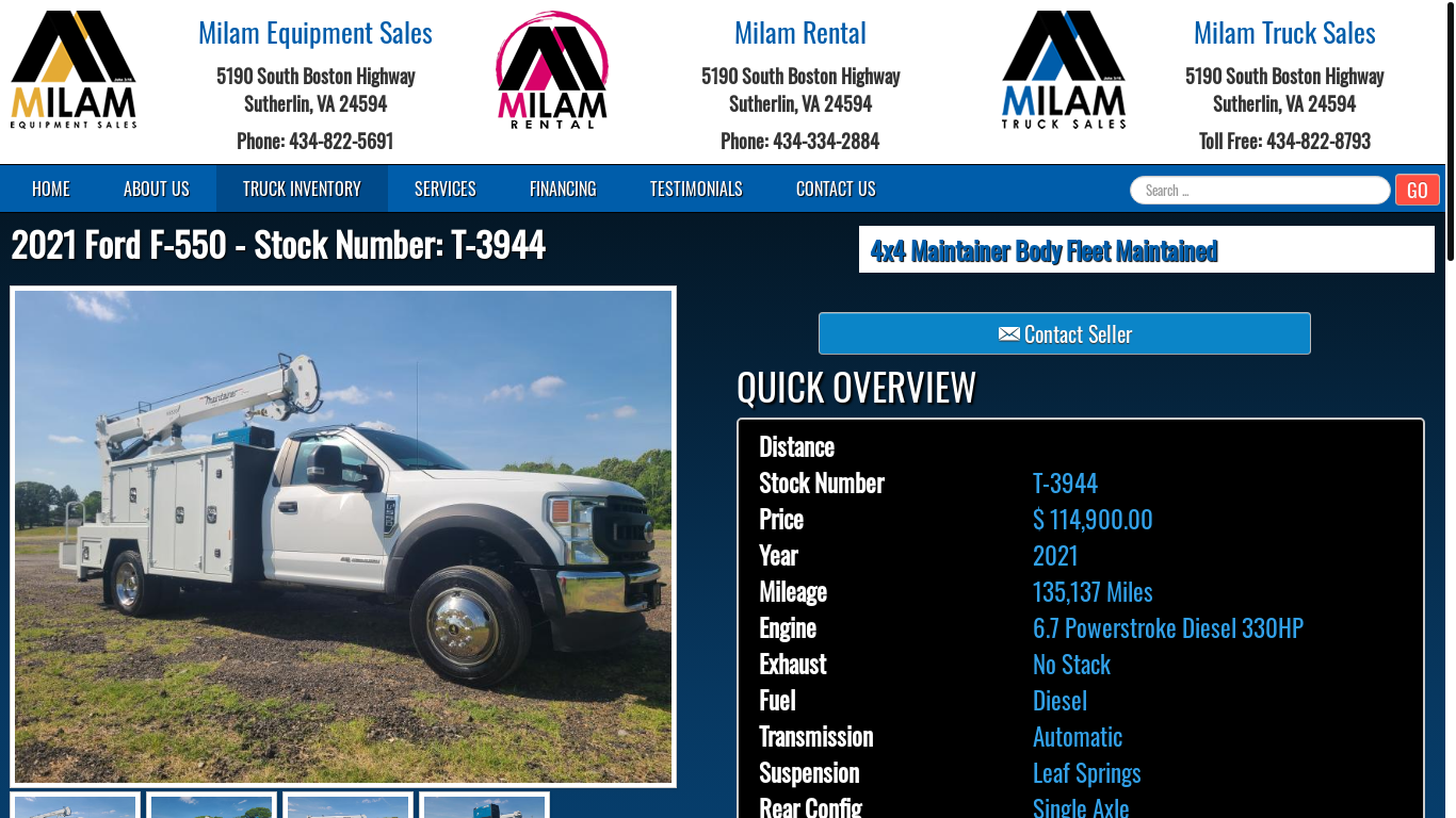 website screenshot of https://milamtrk.com/component/rdautos/detail/1485-ford-f-550-4x4-maintainer-body-fleet-maintained
