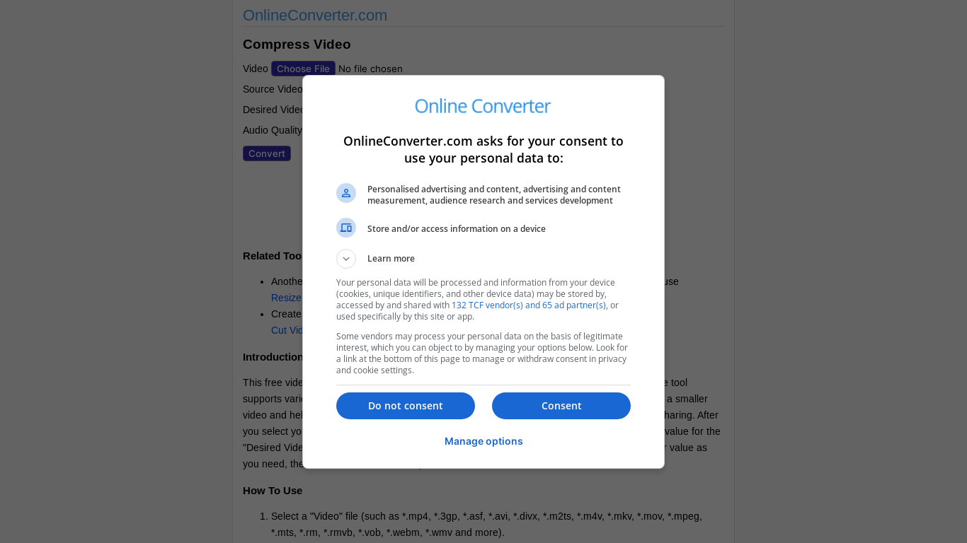 website screenshot of https://www.onlineconverter.com/compress-video