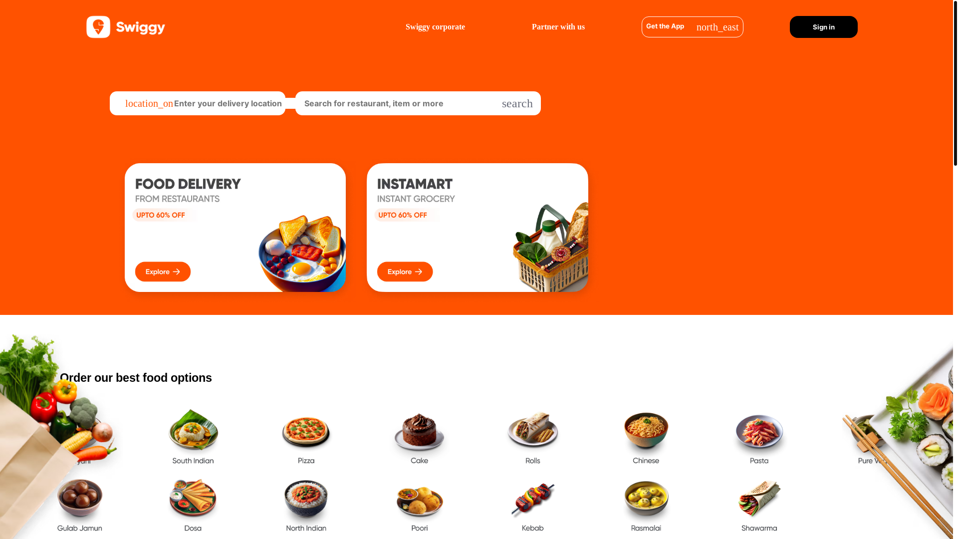 website screenshot of https://dharanitandyala.github.io/swiggy-clone/