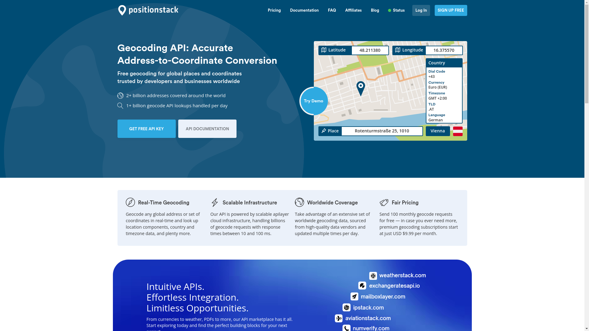 website screenshot of https://positionstack.com