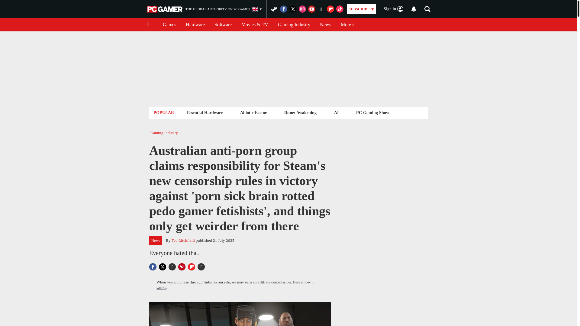 website screenshot of https://www.pcgamer.com/gaming-industry/australian-anti-porn-group-claims-responsibility-for-steams-new-censorship-rules-in-victory-against-porn-sick-brain-rotted-pedo-gamer-fetishists-and-things-only-get-weirder-from-there/