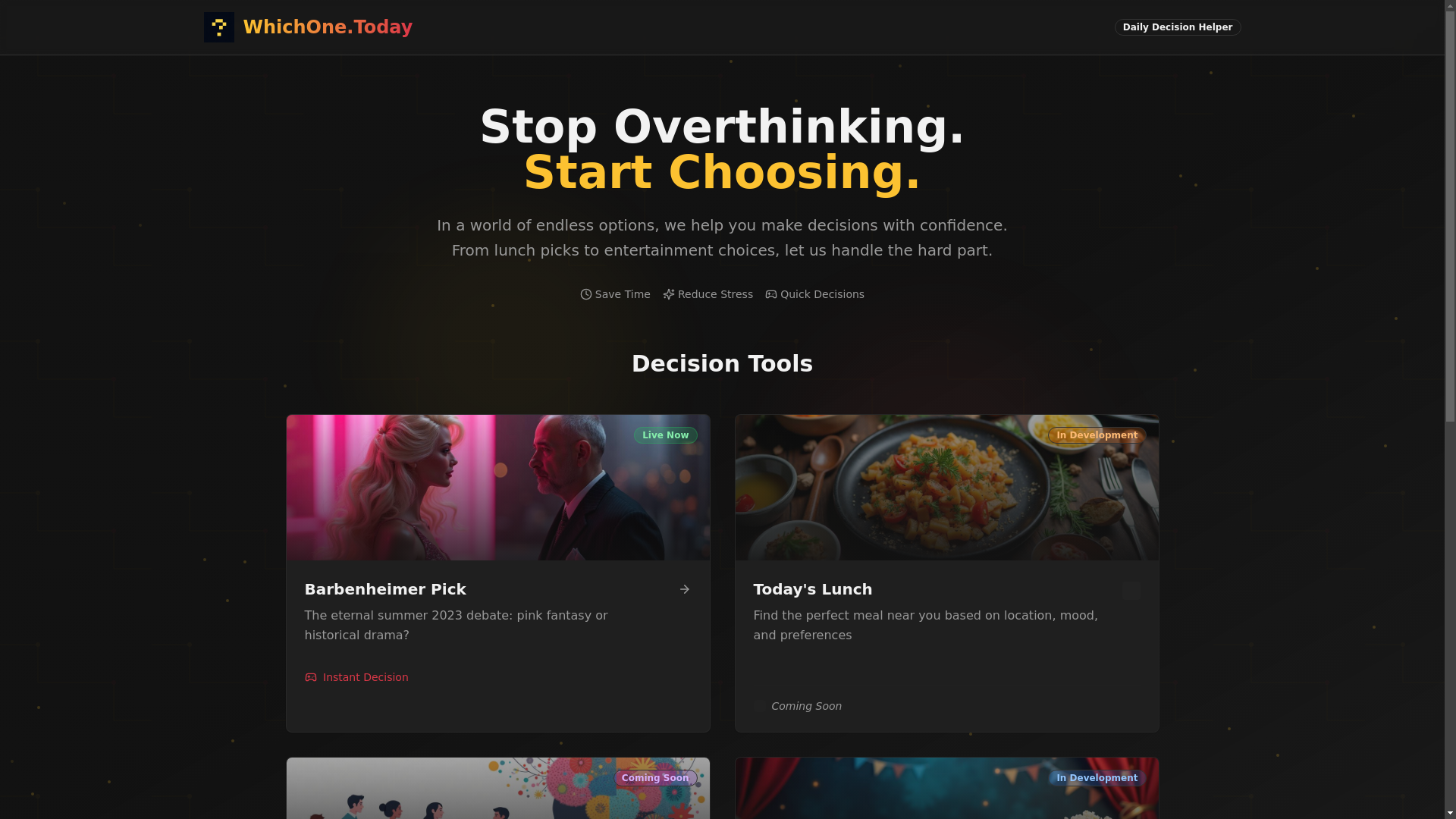 website screenshot of https://whichone.today/