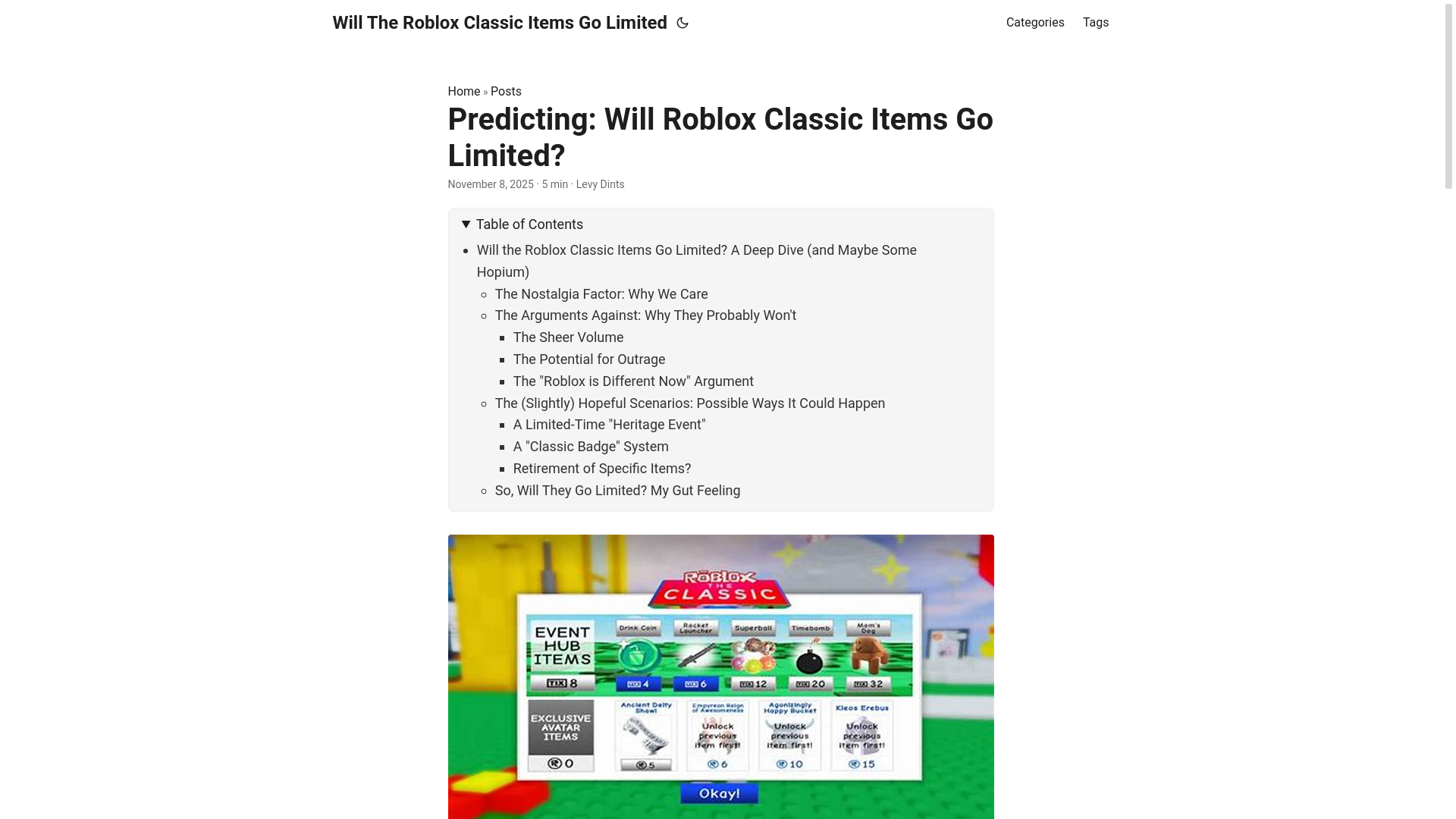 website screenshot of https://will-the-roblox-classic-items-go-limited.pages.dev/