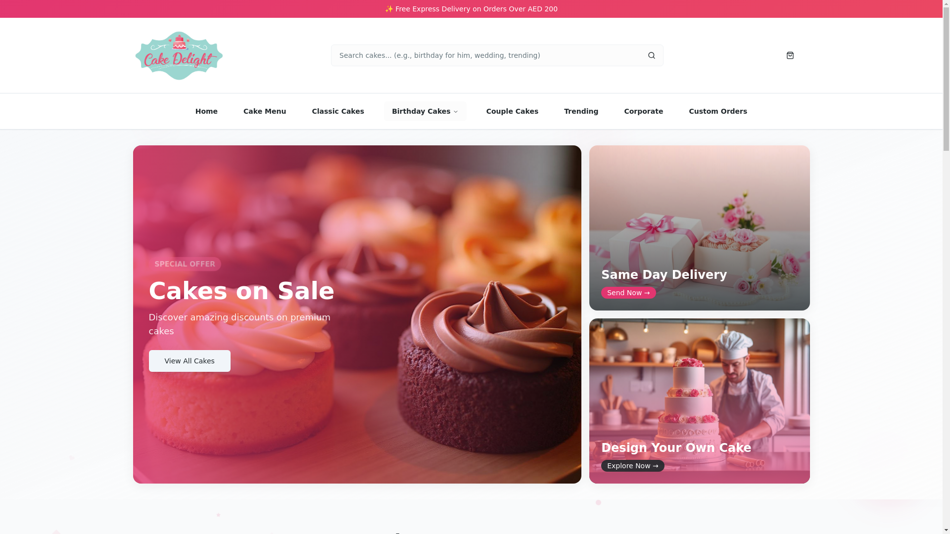 website screenshot of https://cakedelightuae.com/