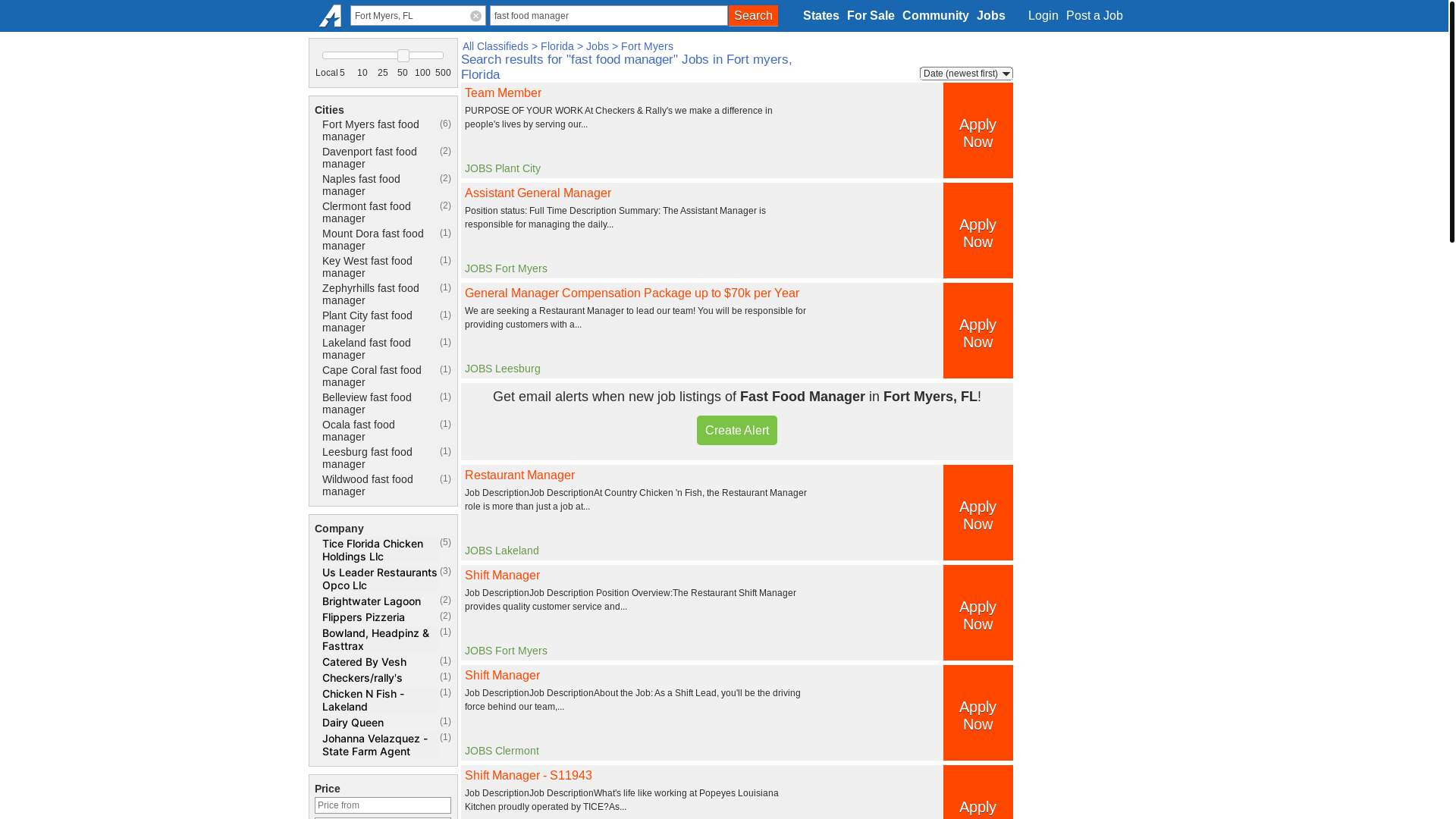 website screenshot of https://fortmyers.americanlisted.com/jobs/fast+food+manager/