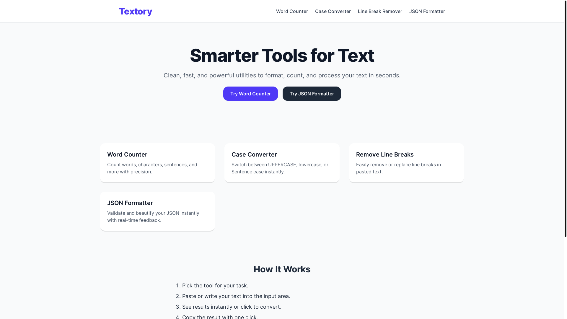 website screenshot of https://textory.site/
