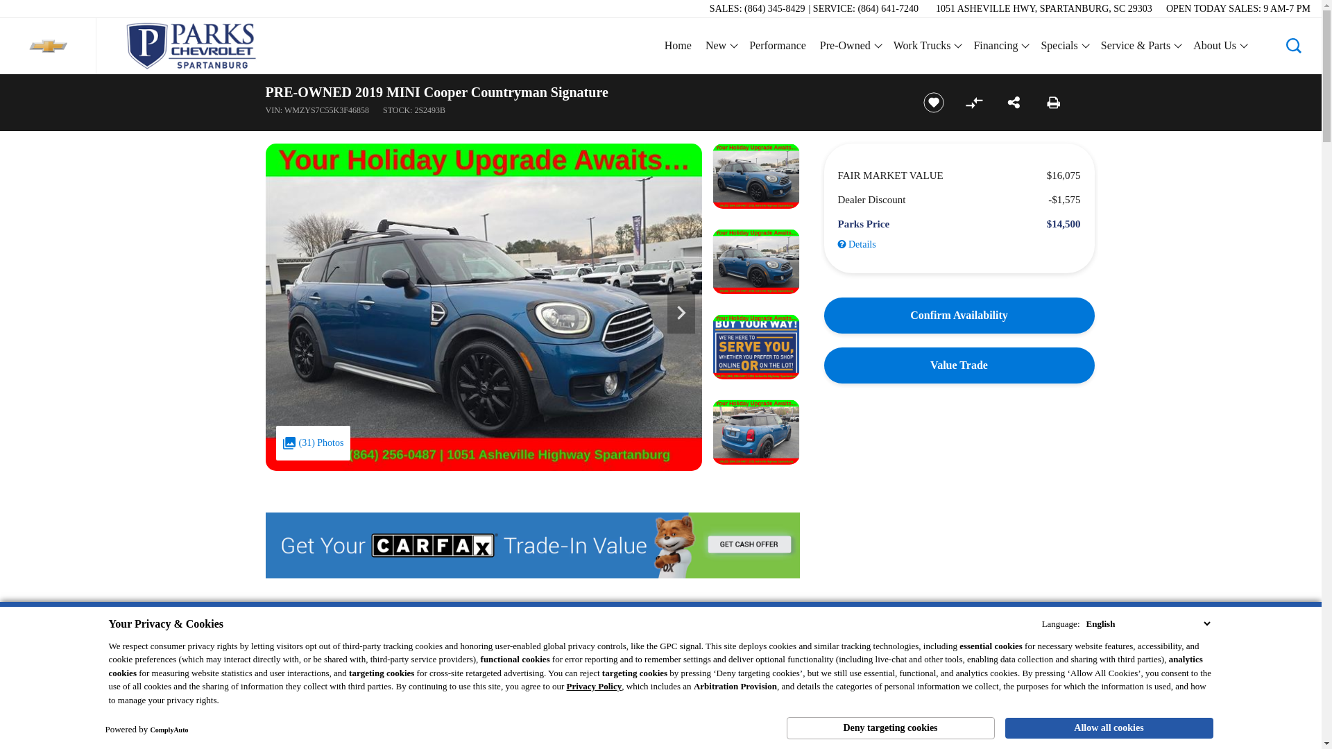 website screenshot of https://www.parkschevroletspartanburg.com/inventory/WMZYS7C55K3F46858/?store={store_code}
