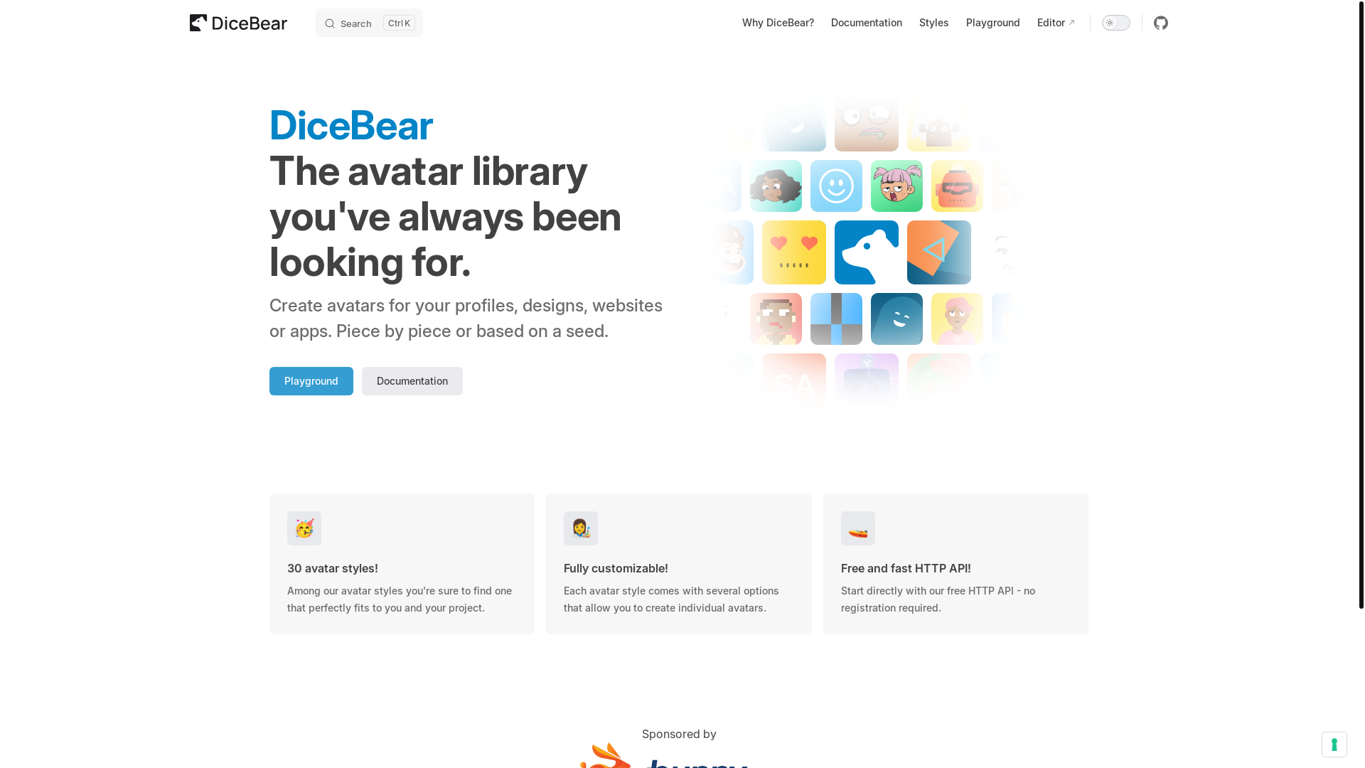 website screenshot of https://dicebear.com