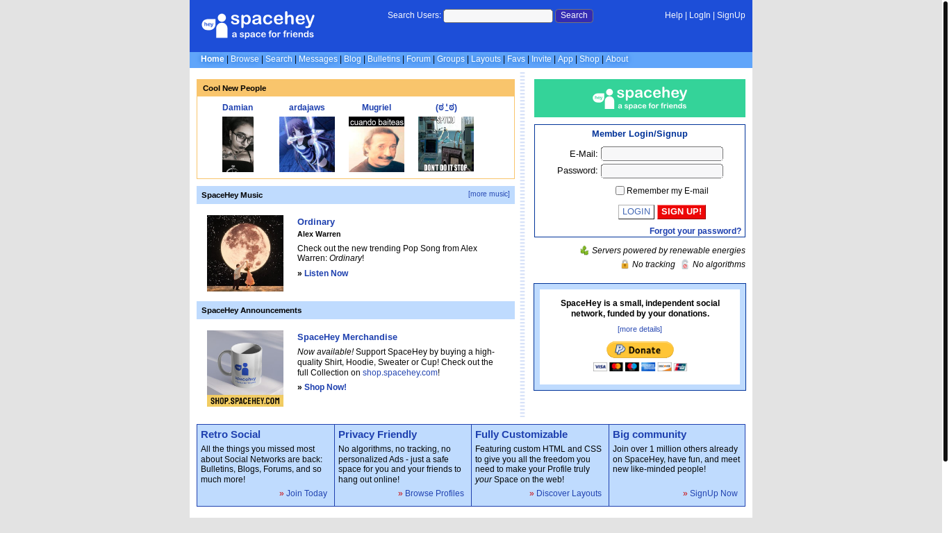 website screenshot of https://spacehey.com/